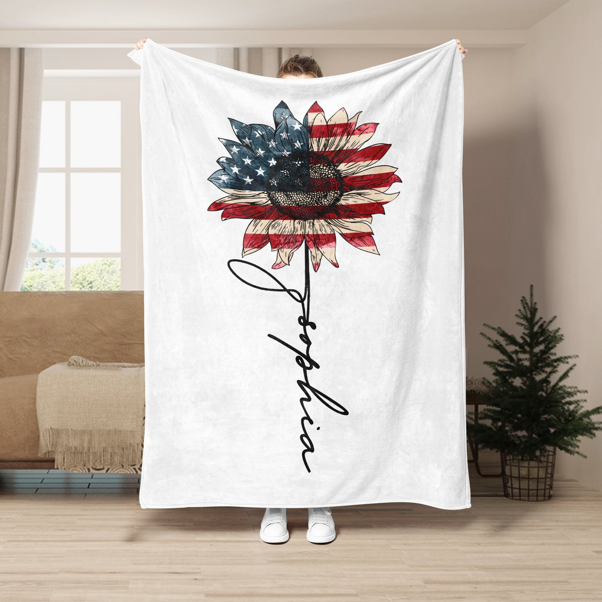 Petmytshirt Sunflower Blanket Flower US Flag Blanket Custom 4th of July Gift for Mom Daughter