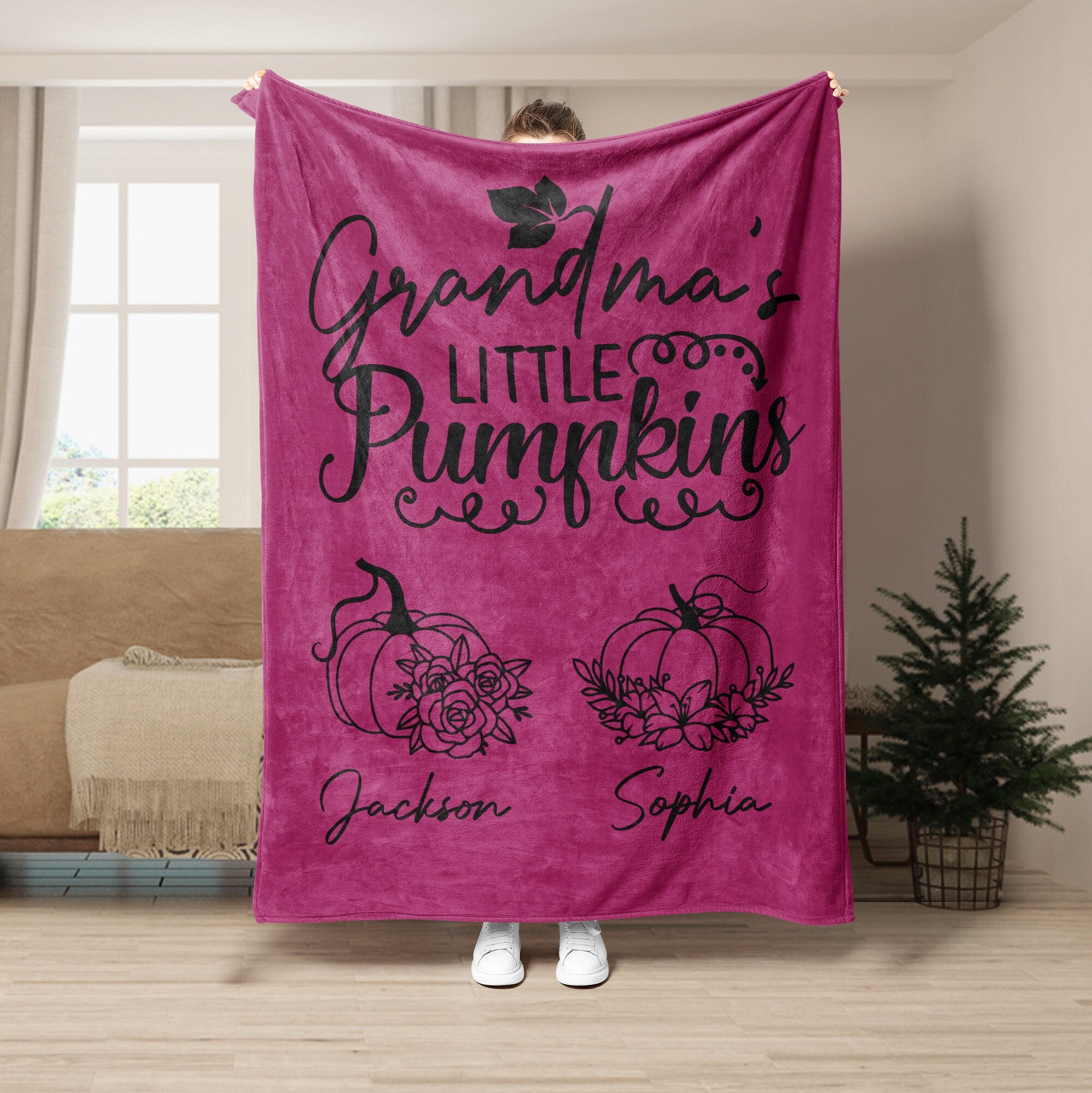 Petmytshirt Grandma Blanket Grandma's Little Pumpkins Autumn Blanket Custom Gift for Grandma Mom