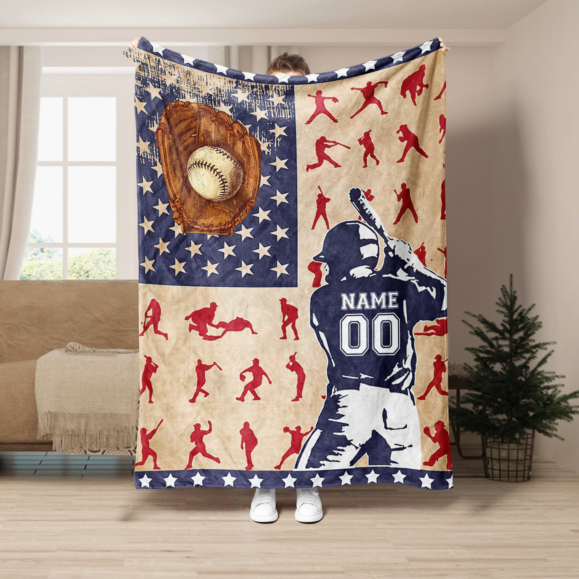 Petmytshirt Baseball Blanket Player US Flag Custom Baseball Gift for Dad Husband Boyfriend Son