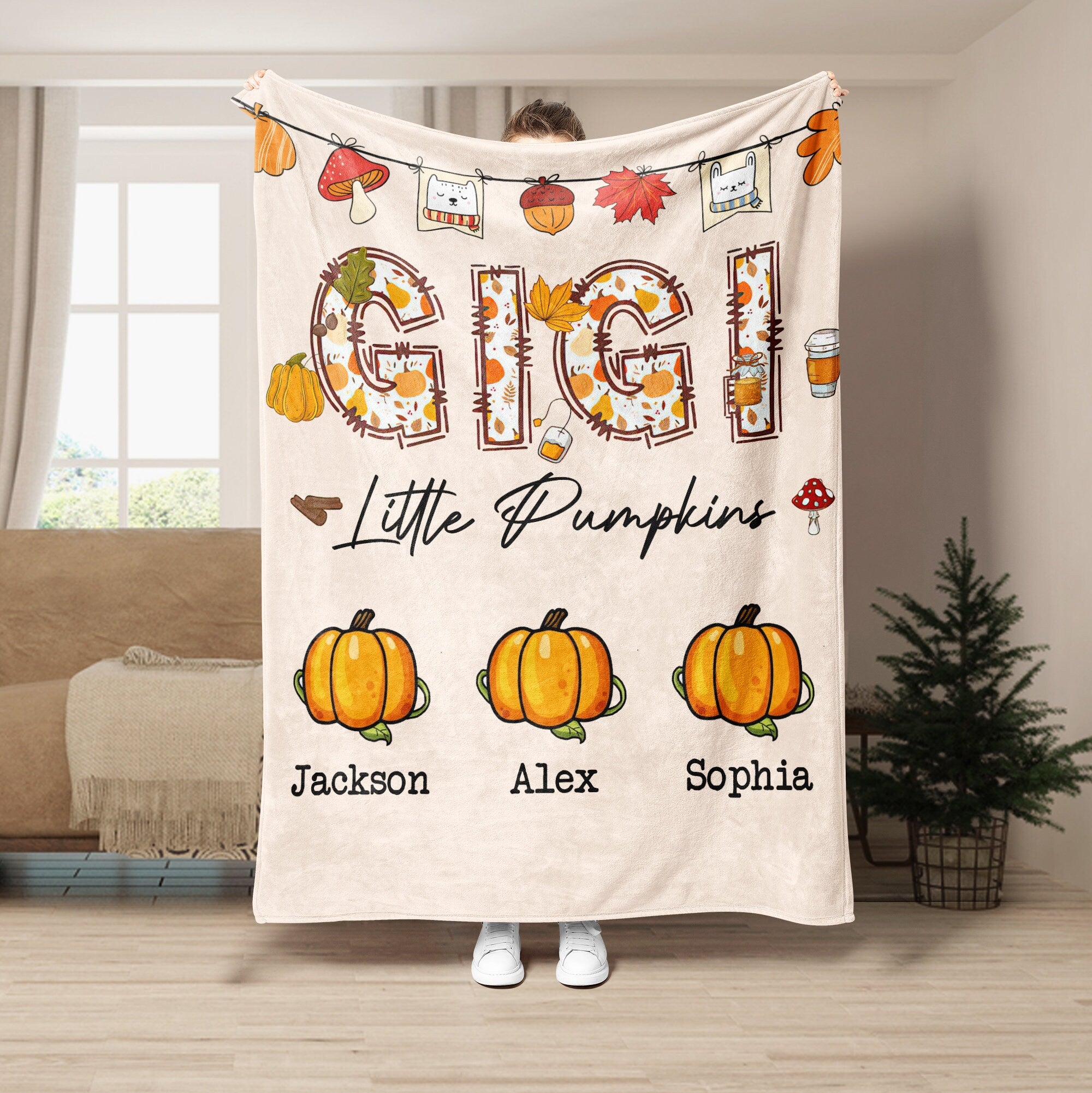 Petmytshirt Grandma's Little Pumpkins Blanket Autumn Blanket Custom Kids Name Soft Sherpa Fleece Throw Blankets Gift for Grandma Mom