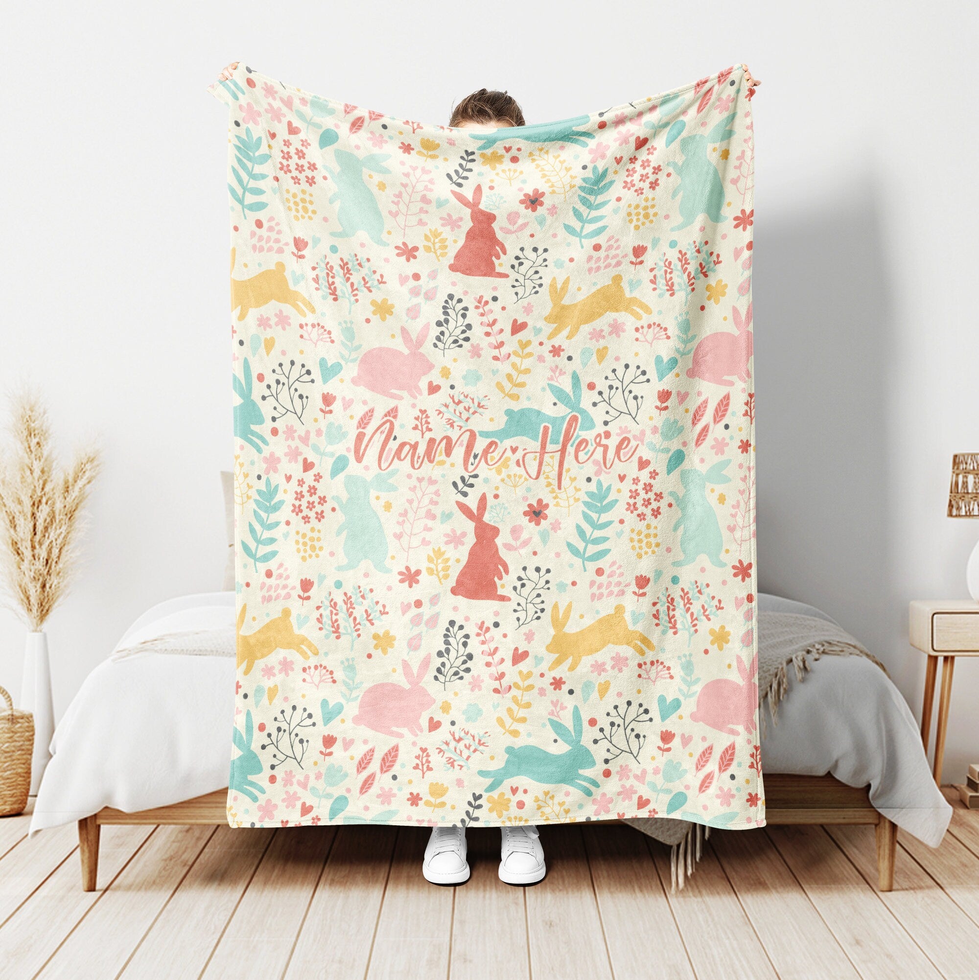 Petmytshirt Rabbit Blanket Cute Bunny Floral Blanket Custom Name Gift For Rabbit Lover