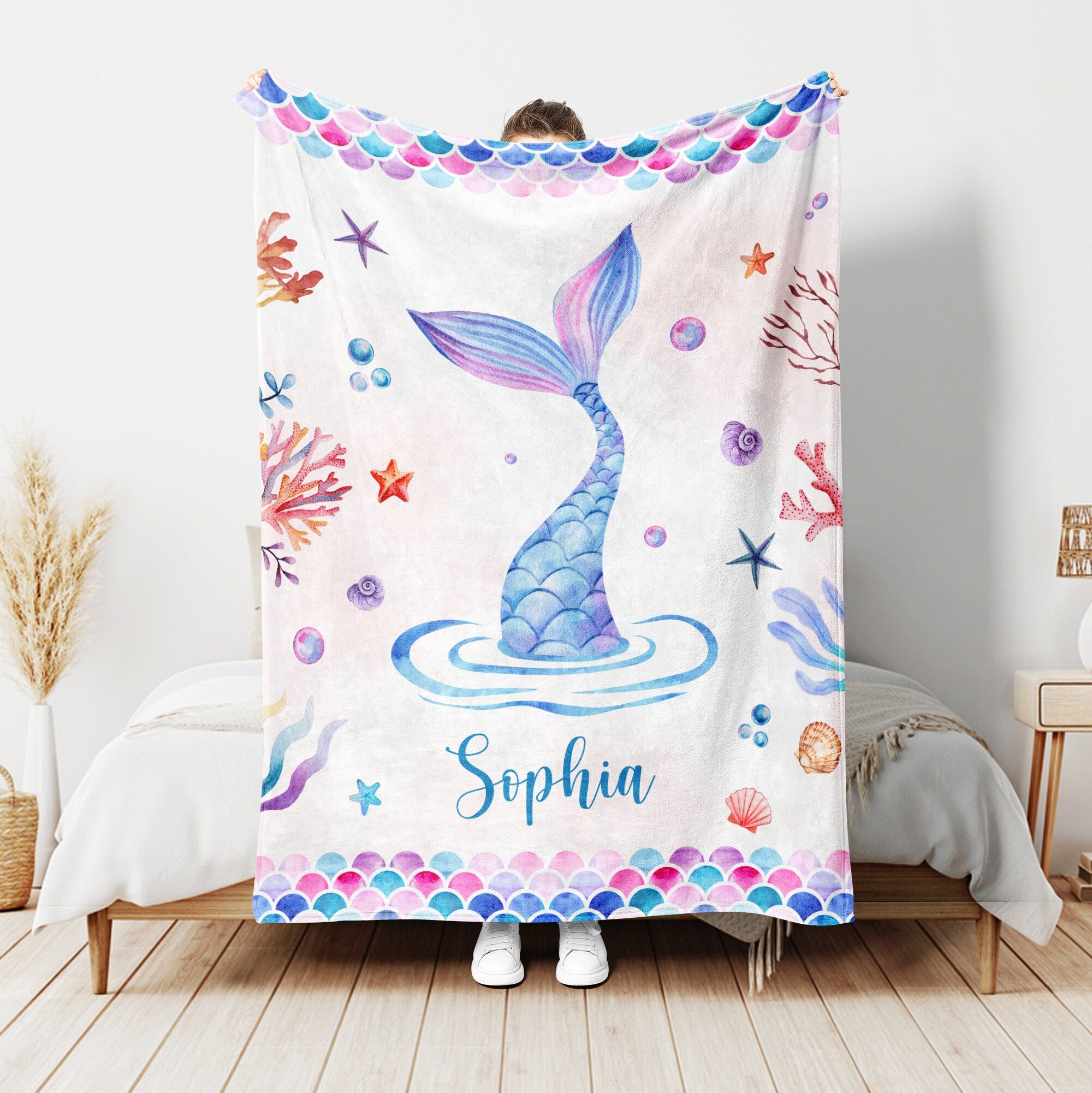 Petmytshirt Mermaid Blanket Mermaid Blankets Custom Name Gift for Daughter Girl Kid