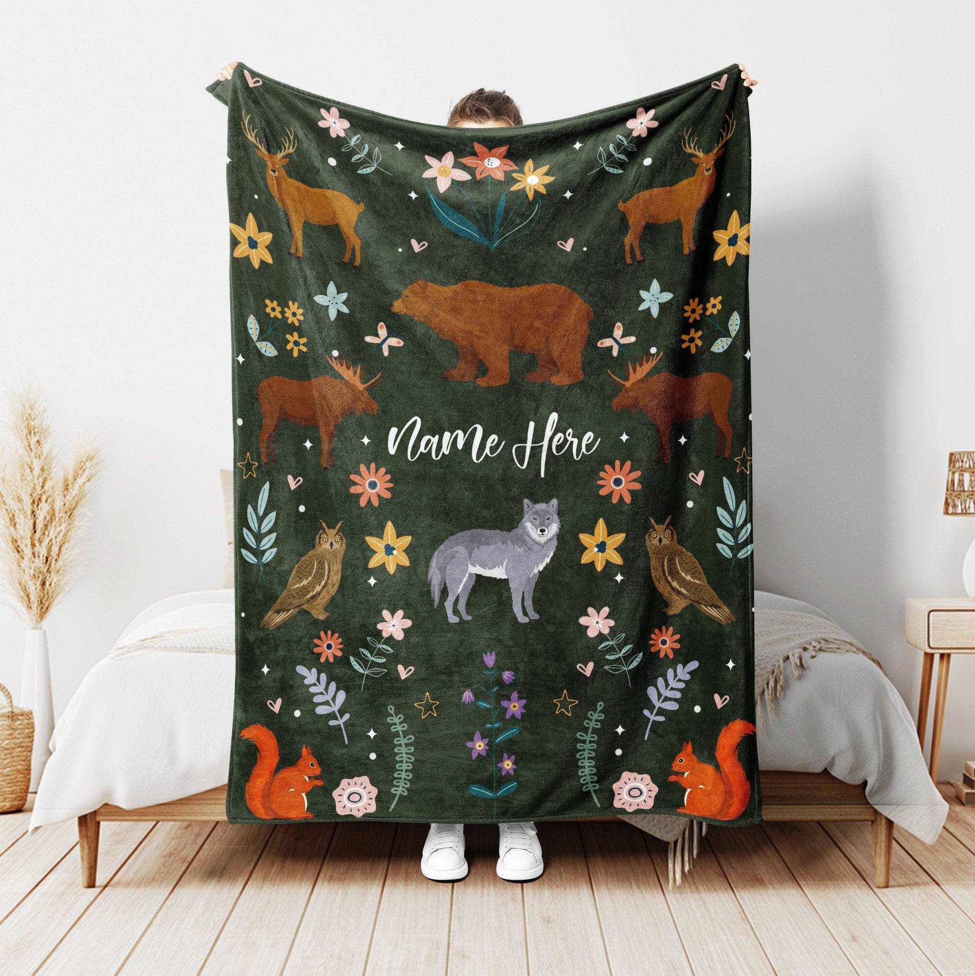 Petmytshirt Woodland Animal Blanket Forest Blanket Custom Name Gift for Daughter Son Kid Baby