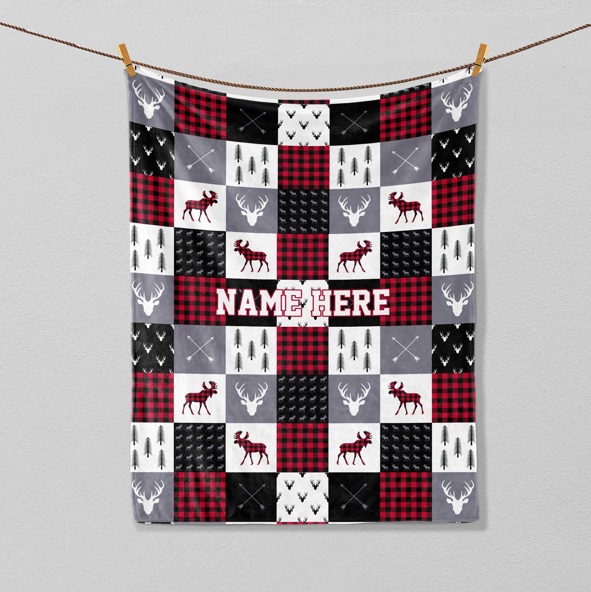 Petmytshirt Deer Blanket Red Buffalo Plaid Blanket Custom Name Soft Cozy Sherpa Fleece Throw Blanket Christmas Decor Christmas Gift