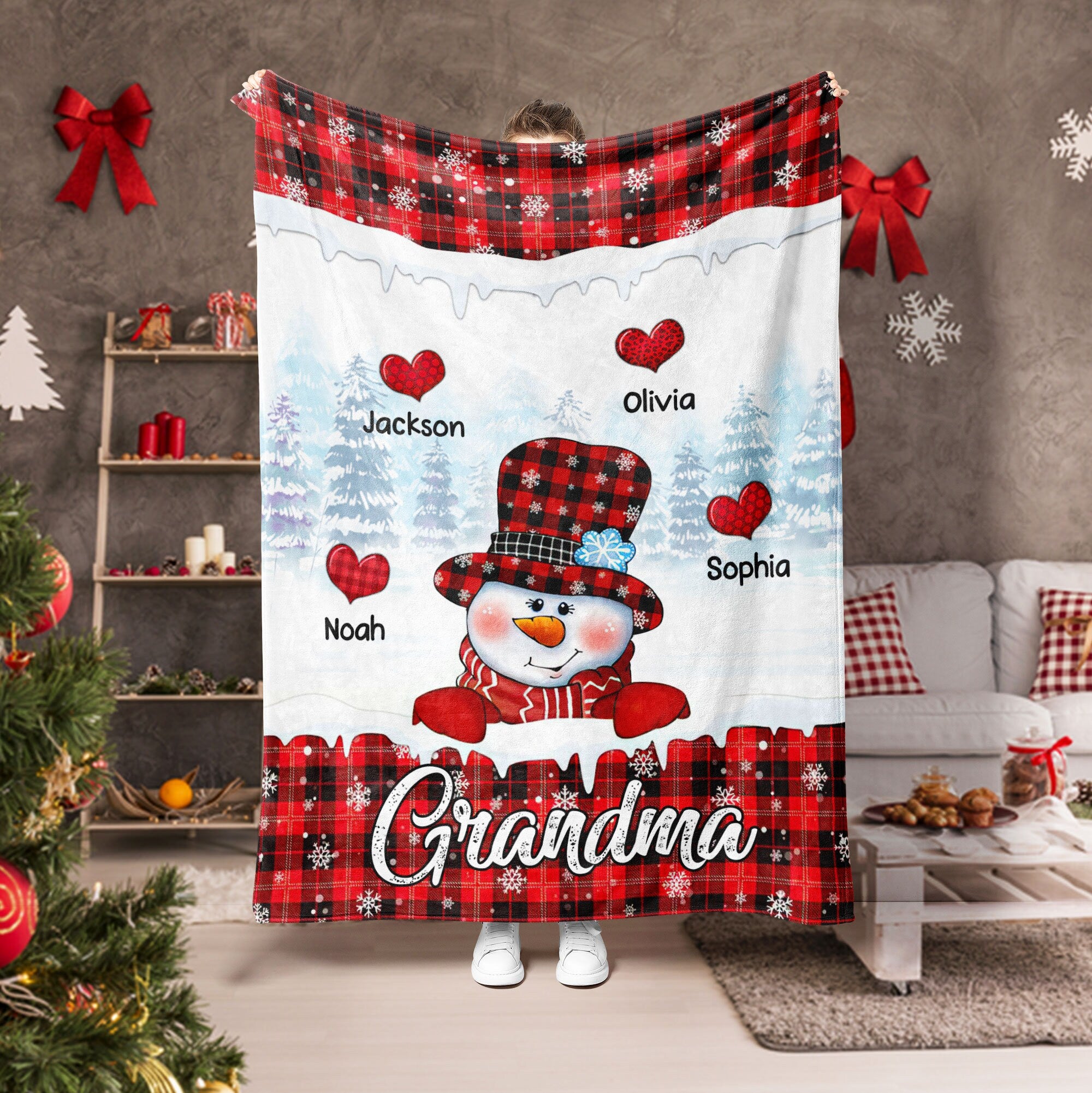 Petmytshirt Christmas Grandma Blanket Nana Snowman Blanket Custom Kid's Name Soft Cozy Sherpa Fleece Throw Blanket Gift for Grandma Mom