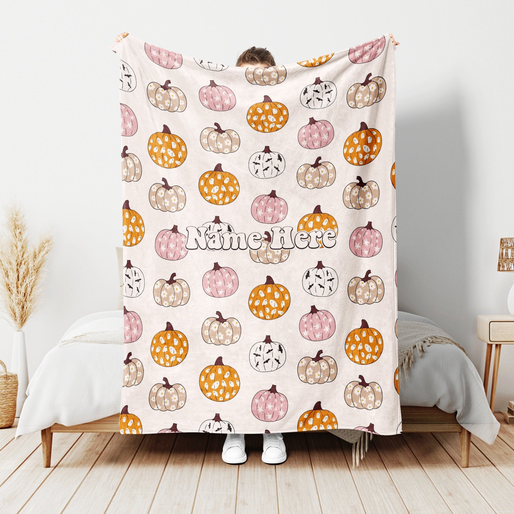 Petmytshirt Fall Pumpkin Blanket Autumn Pumpkins Blanket Custom Name Gift For Mom Daughter Kid
