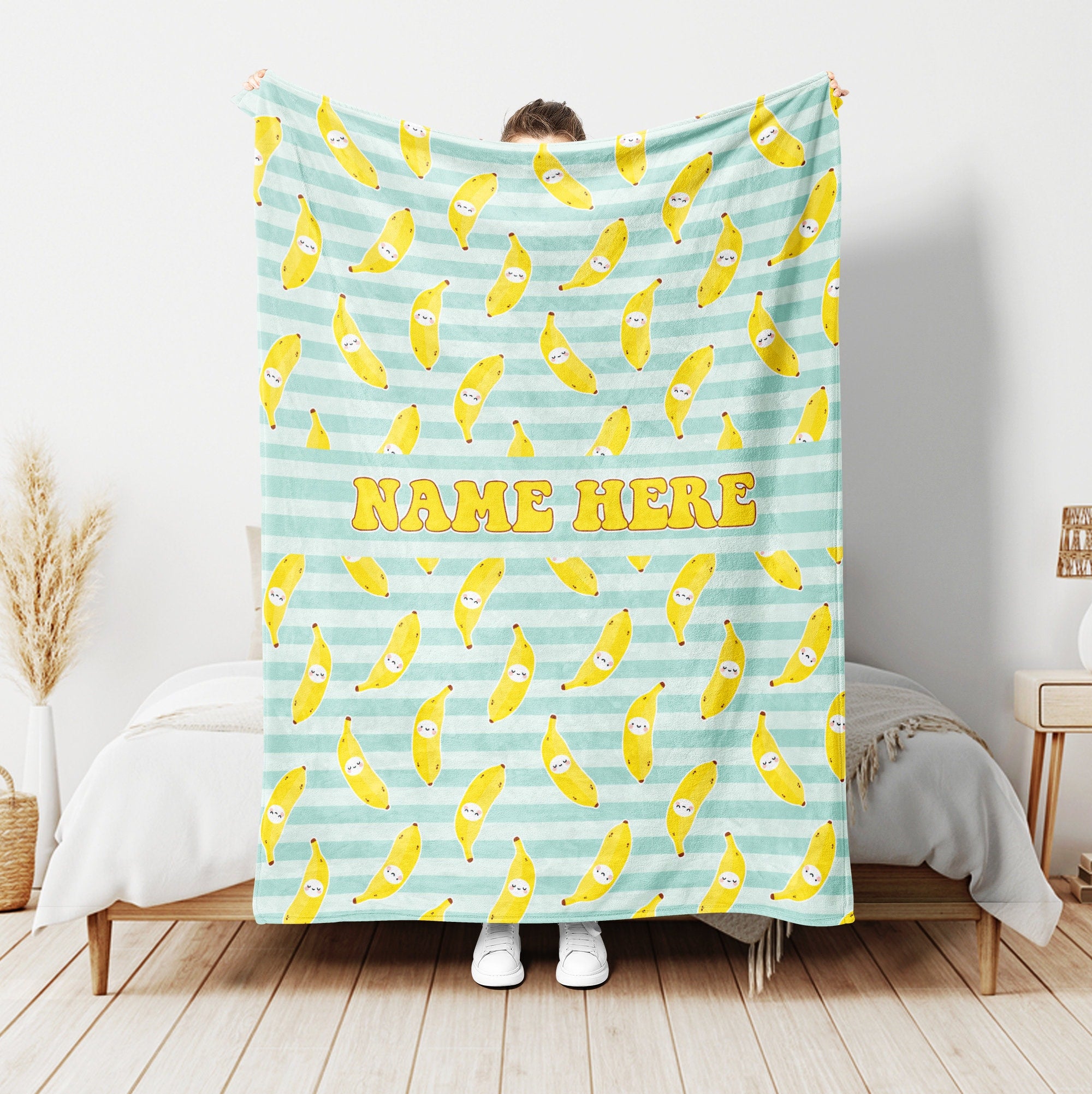 Petmytshirt Banana Blanket Cute Banana Fruit Blanket Custom Name Gift For Daughter Girl Kid