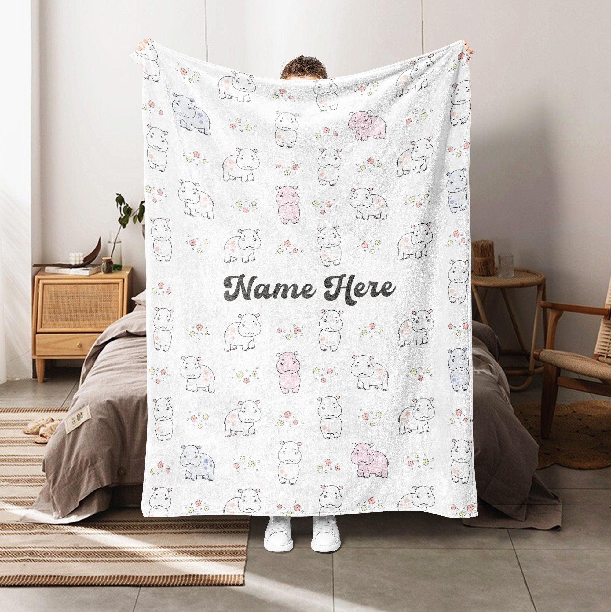 Petmytshirt Hippo Blanket Cute Hippo Blanket Custom Name Gift for Hippo Lover Kid