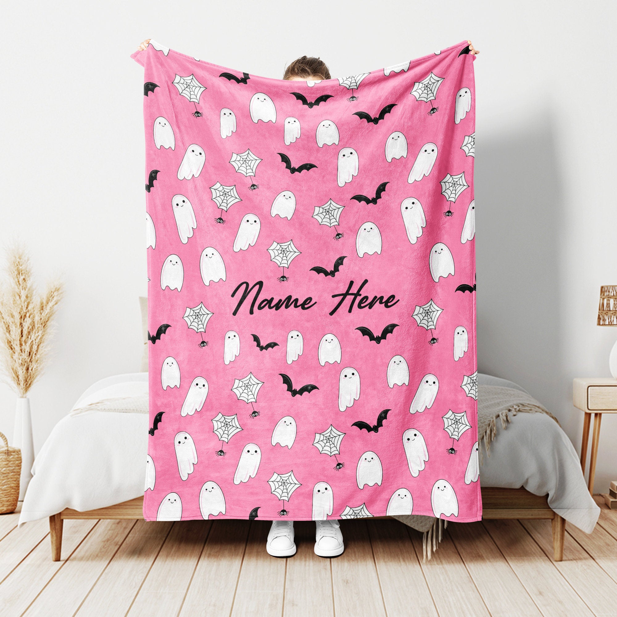 Petmytshirt Ghost Blanket Pink Ghost Blanket Custom Name Soft Cozy Sherpa Fleece Throw Blanket Halloween Decor Halloween Gift