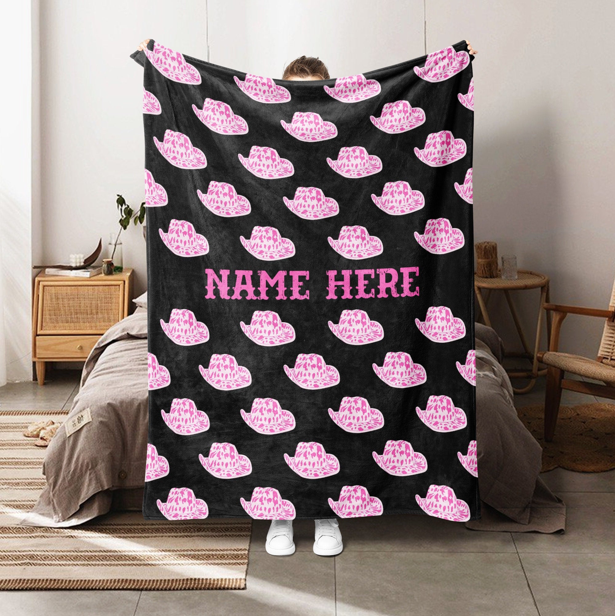 Petmytshirt Cowgirl Blanket Pink Cowboy Hat Blanket Custom Name Gift For Cowgirl Western Gift
