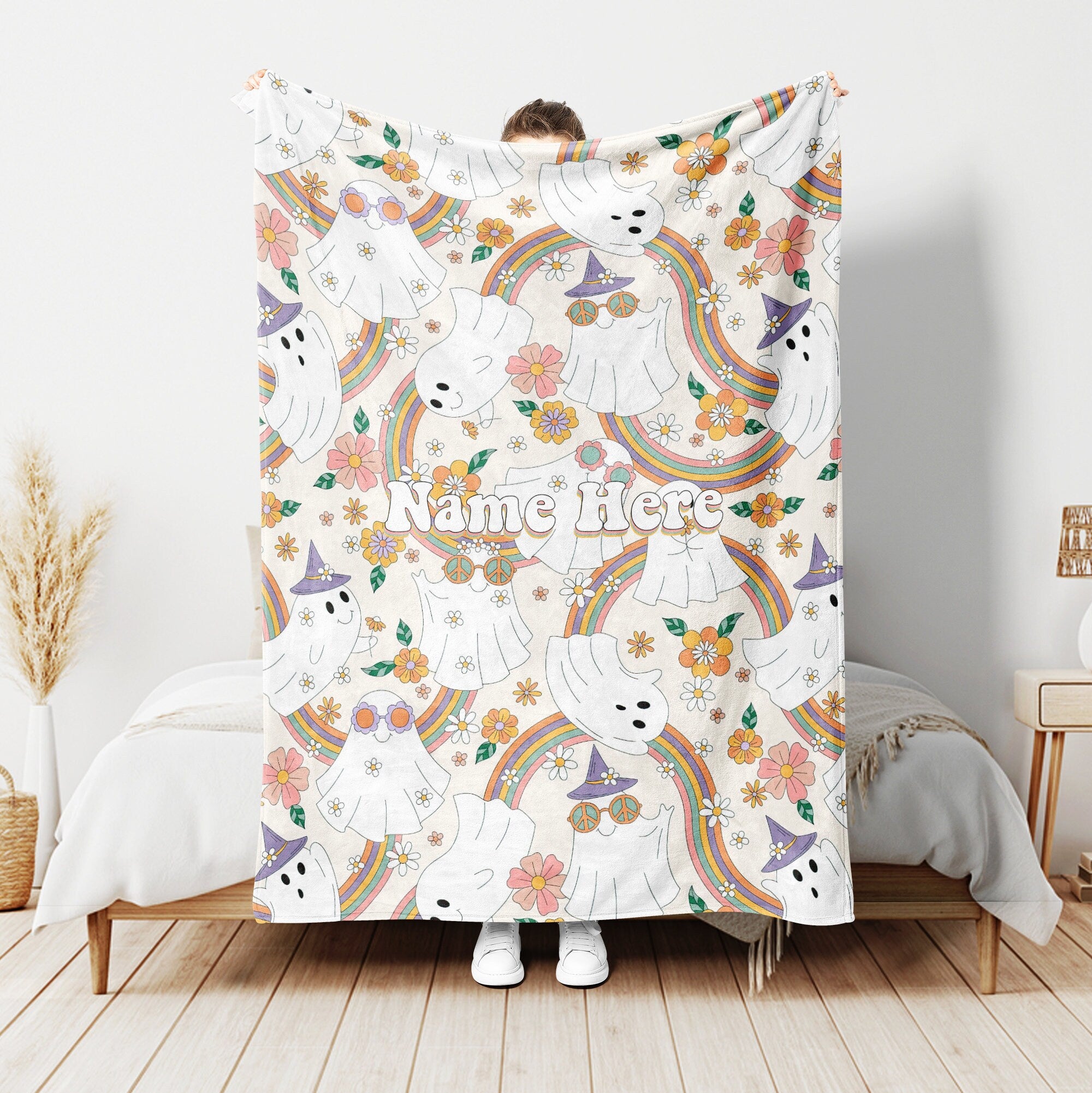 Petmytshirt Cute Ghost Blanket Hippie Retro Blanket Custom Name Halloween Gift
