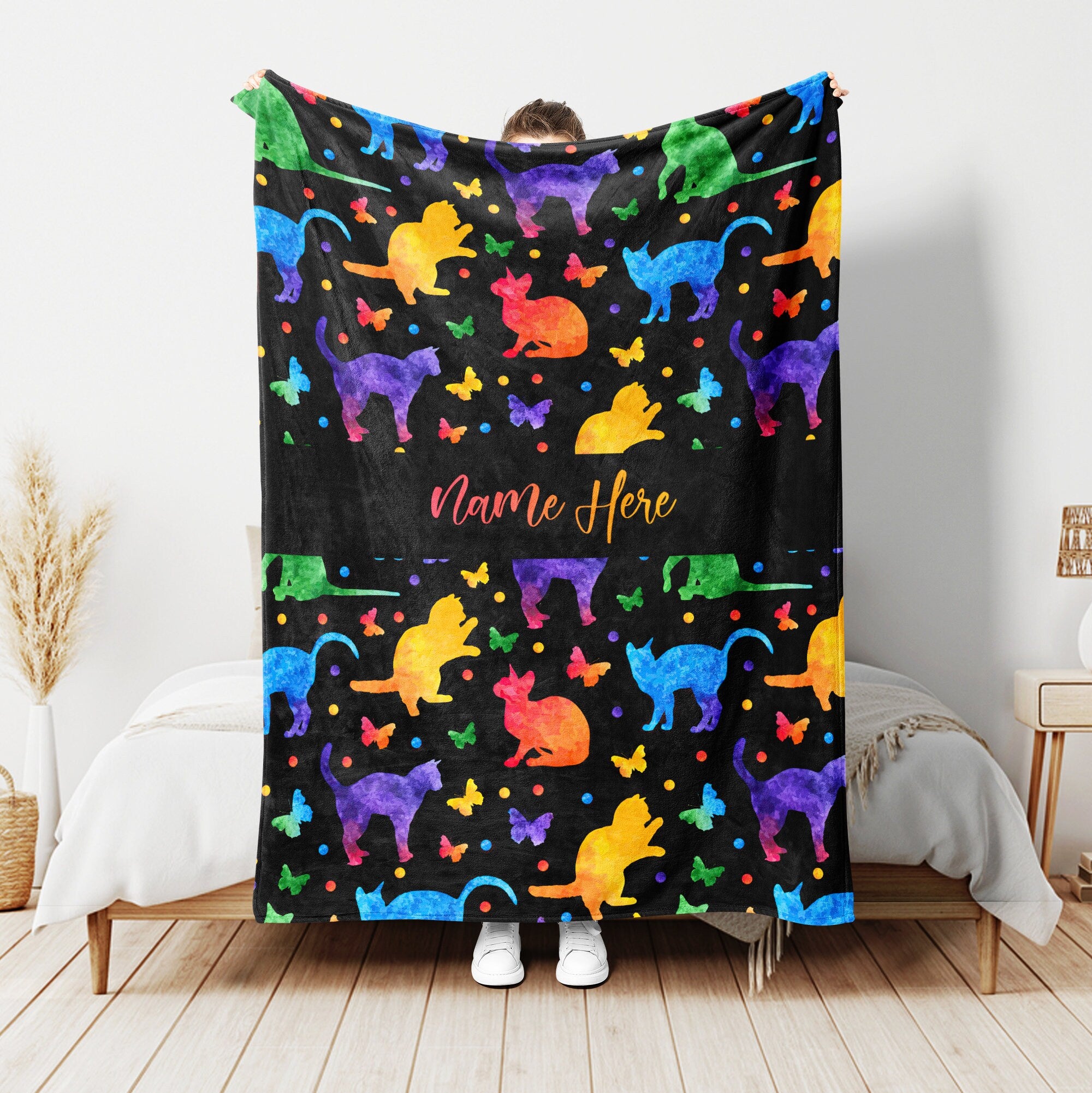 Petmytshirt Cat Blanket Cats Watercolor Blanket Custom Name Soft Cozy Sherpa Fleece Throw Blankets