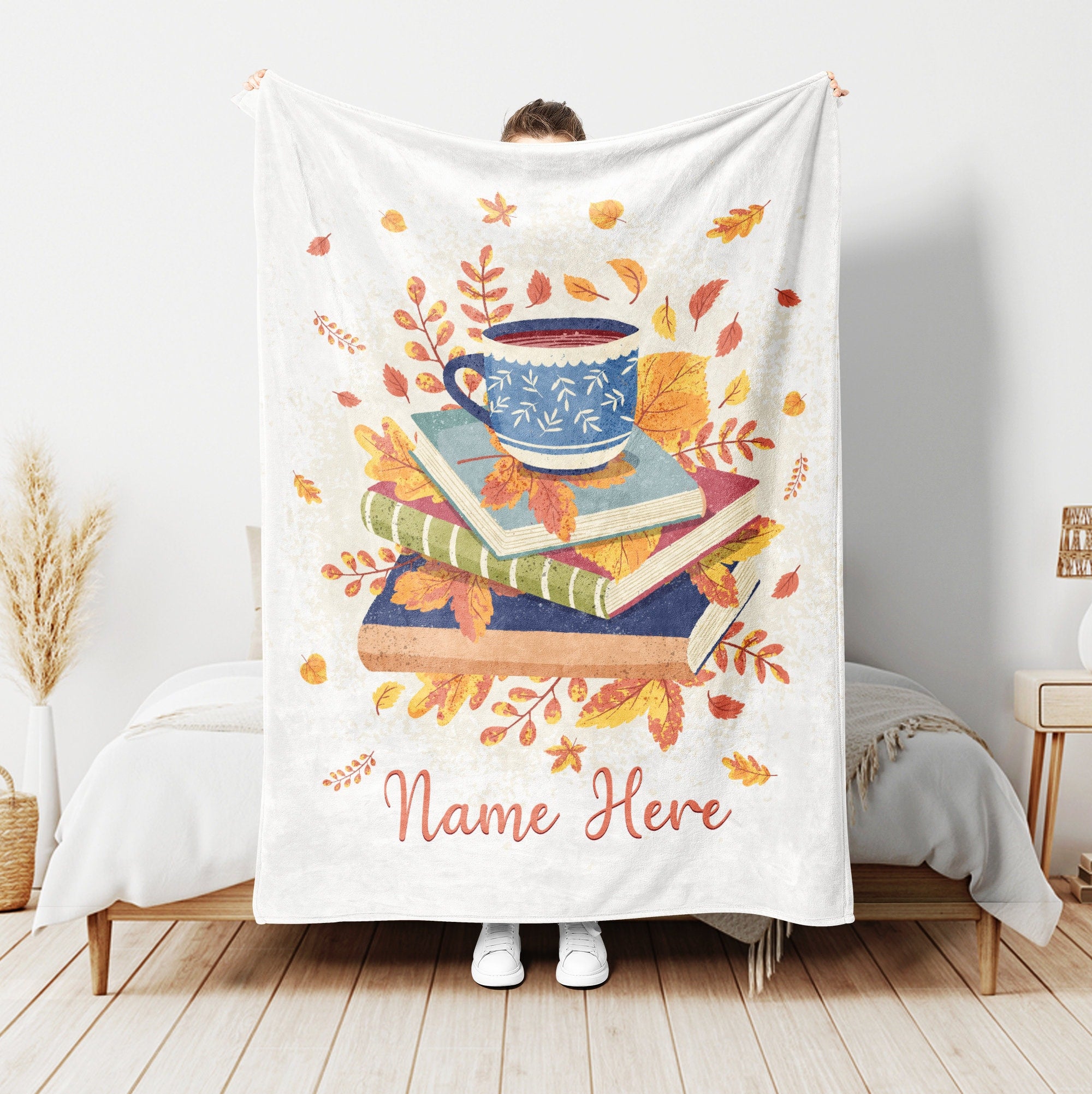 Petmytshirt Book Blanket Autumn Blankets Custom Name Fall Gift for Book Lover Bookworm Nerd