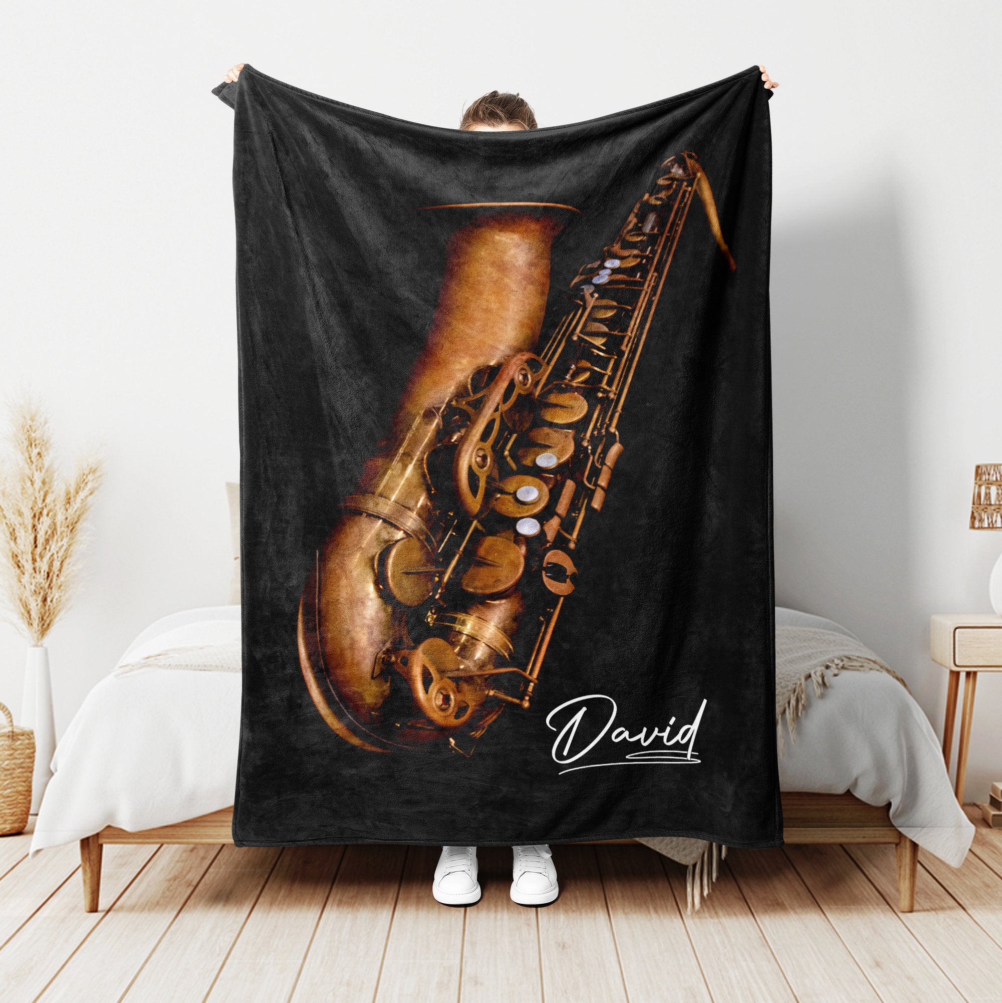 Petmytshirt Saxophone Blanket Custom Name Floral Gift for Saxophone Lover