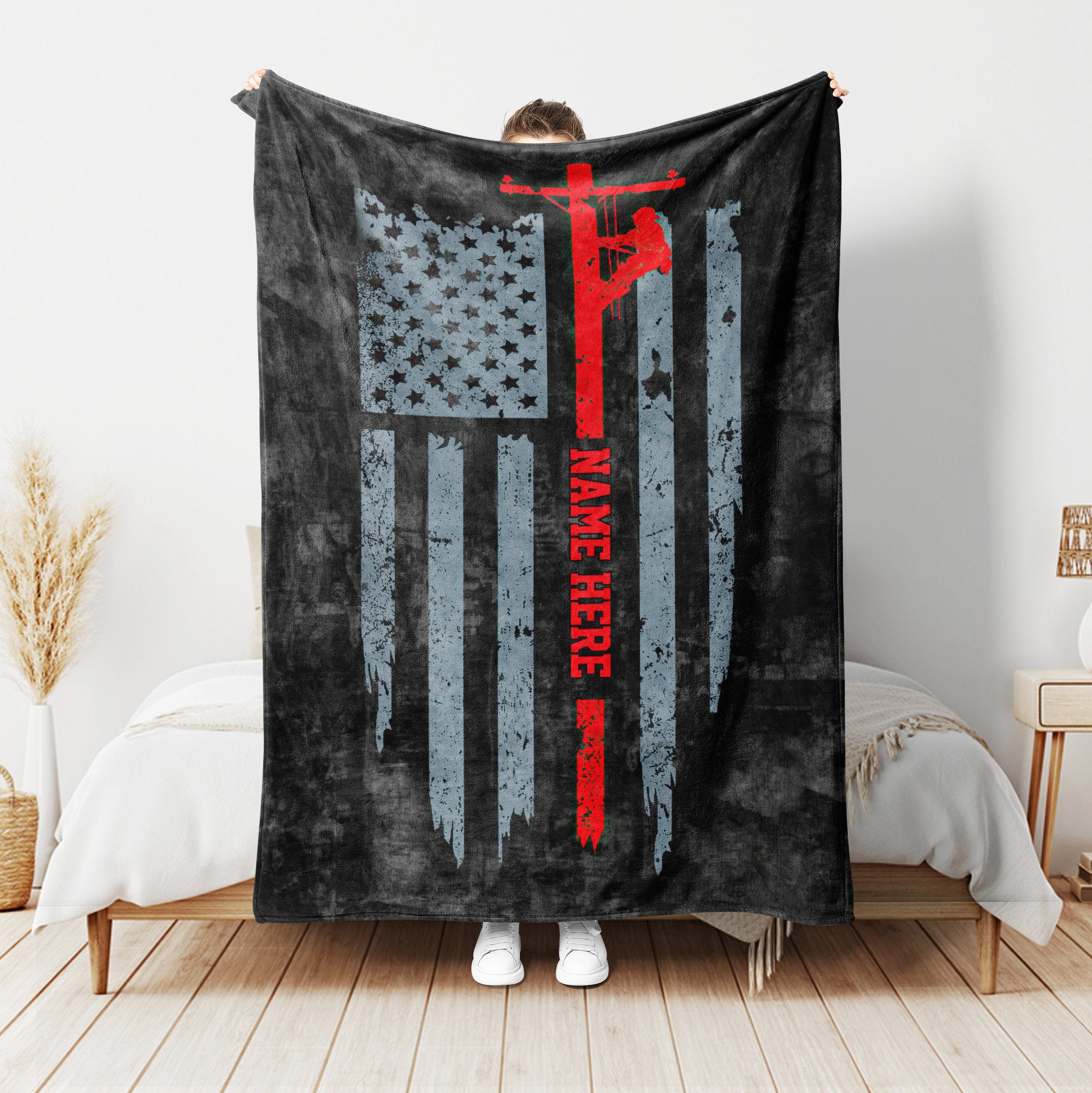 Petmytshirt Lineman Blanket US Flag Blanket Custom Gift For Lineman Dad Husband Boyfriend Son