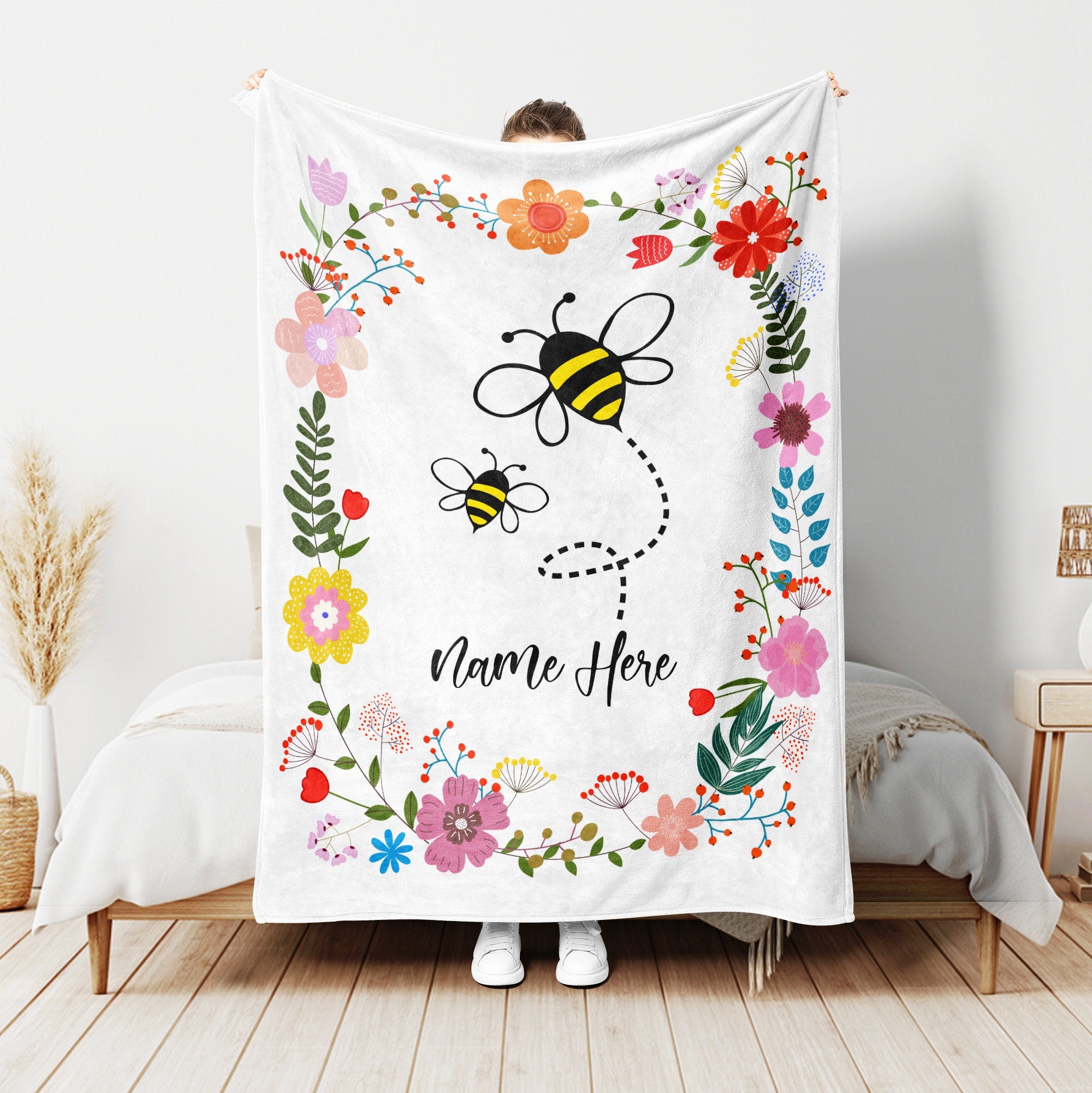 Petmytshirt Bee Blanket Bee And Flower Blanket Custom Name Floral Gift for Bee Lover