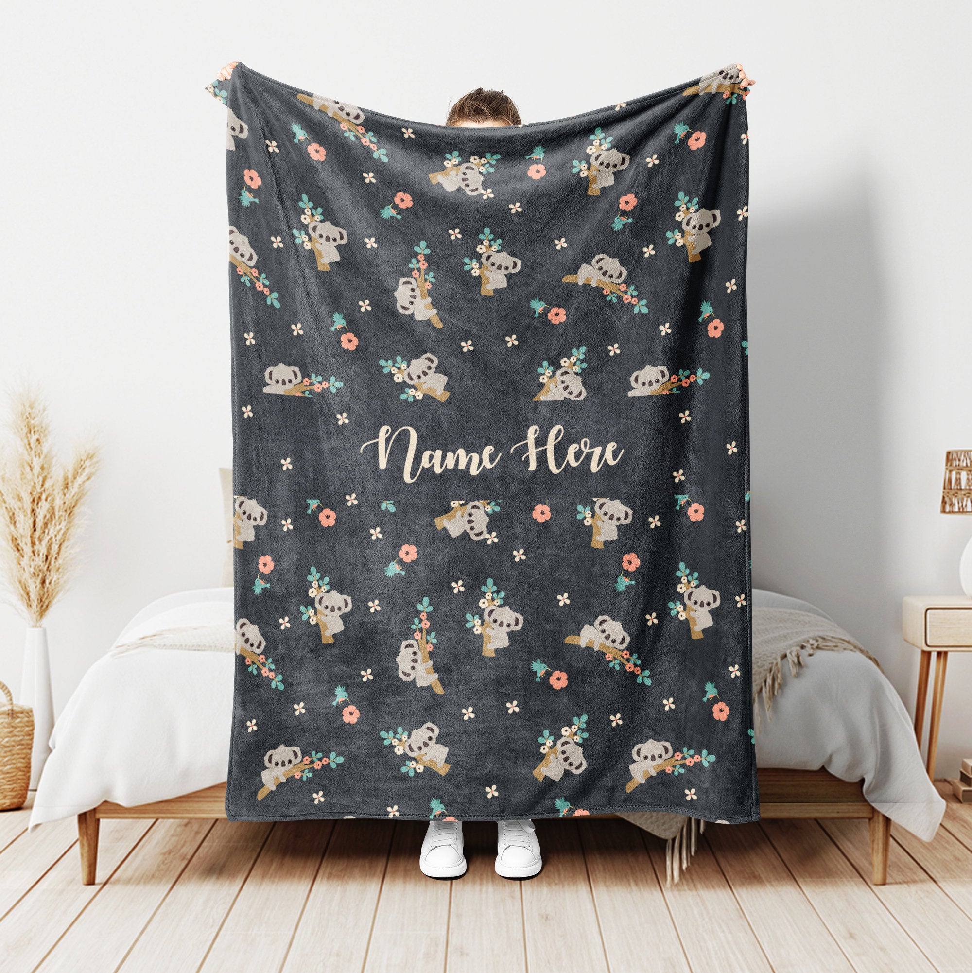 Petmytshirt Koala Blanket Cute Koala And Flower Blanket Custom Name Gift for Koala Lover