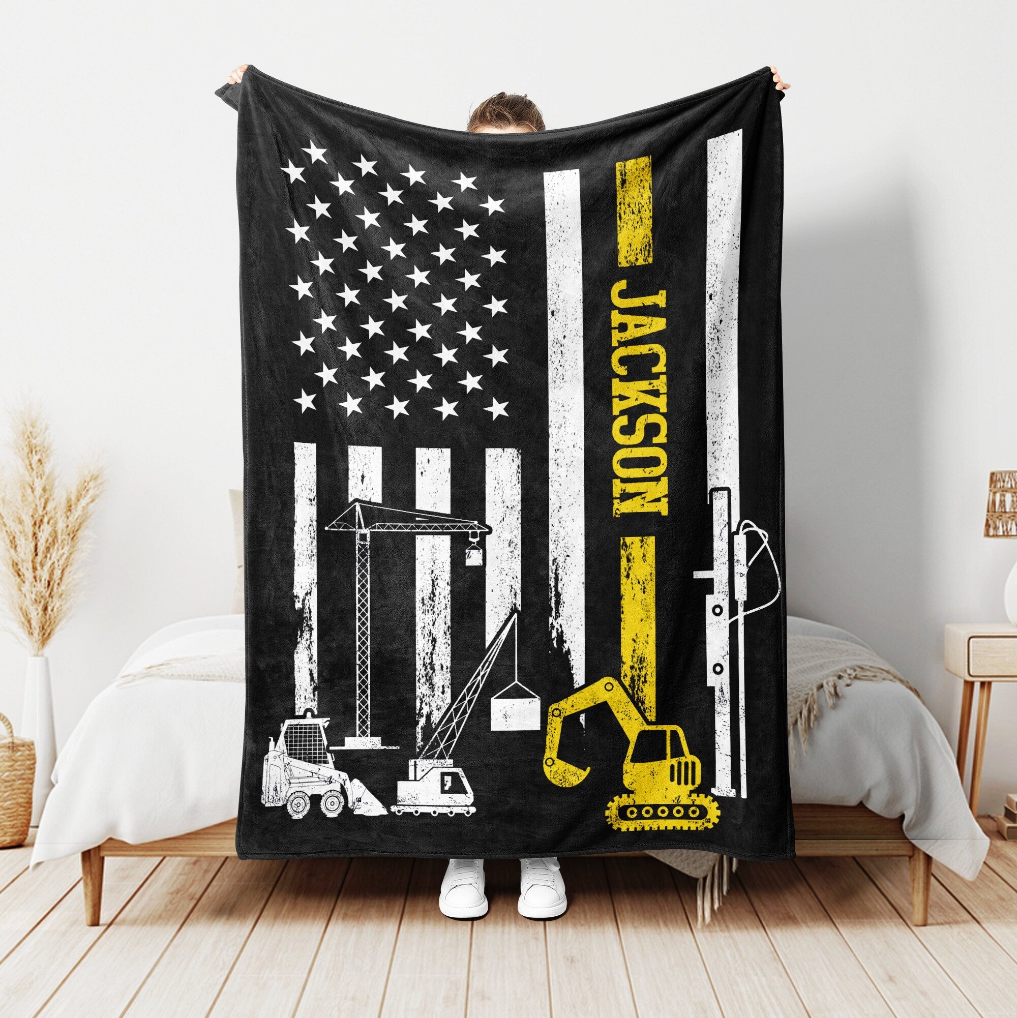 Petmytshirt Heavy Equipment Operator Blanket US Flag Blanket Custom Name Gift For Dad Husband