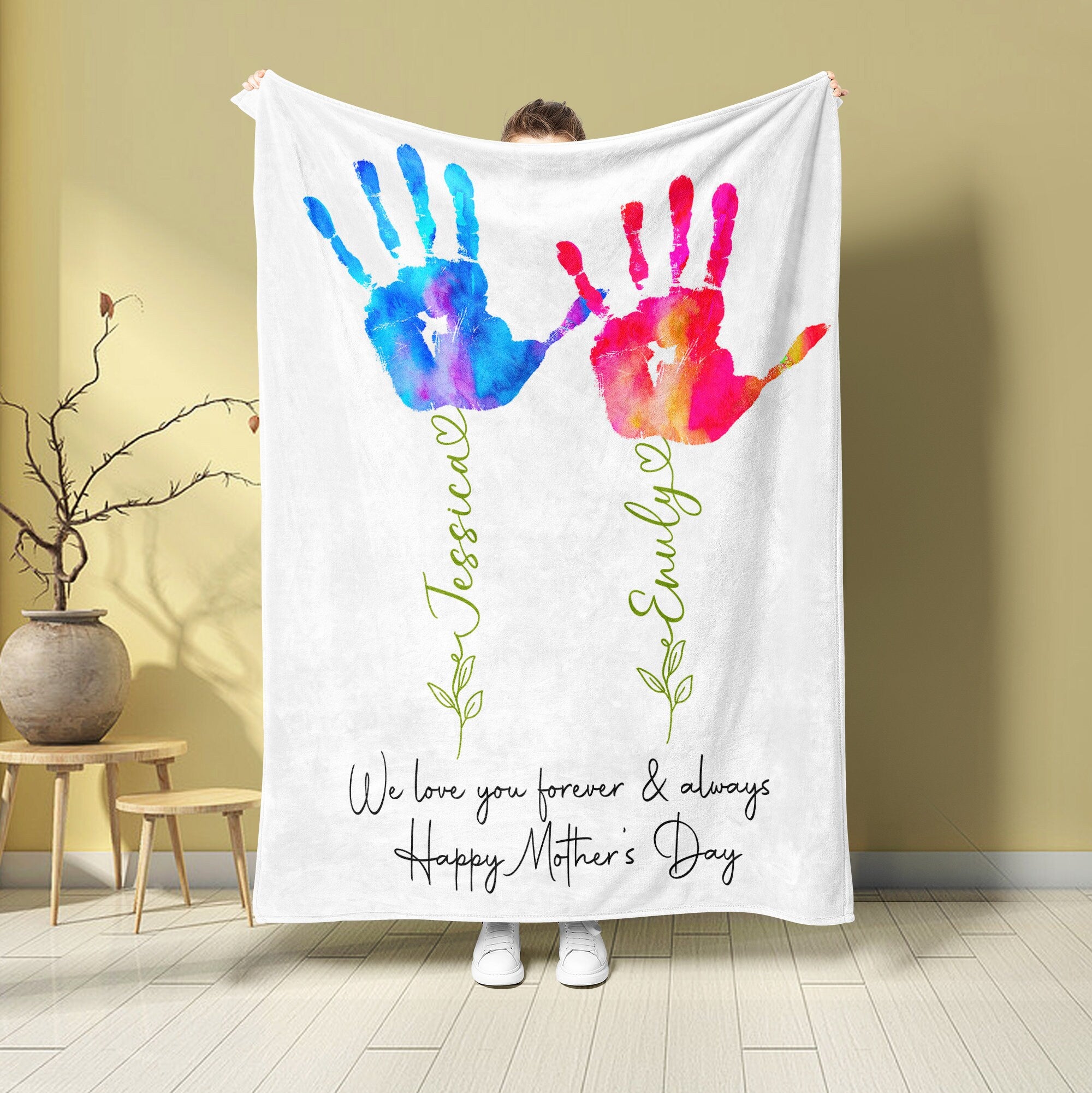 Petmytshirt Flower Handprint Blanket Mom's Garden Custom Gift for Mom Grandma Mother's Day Gift