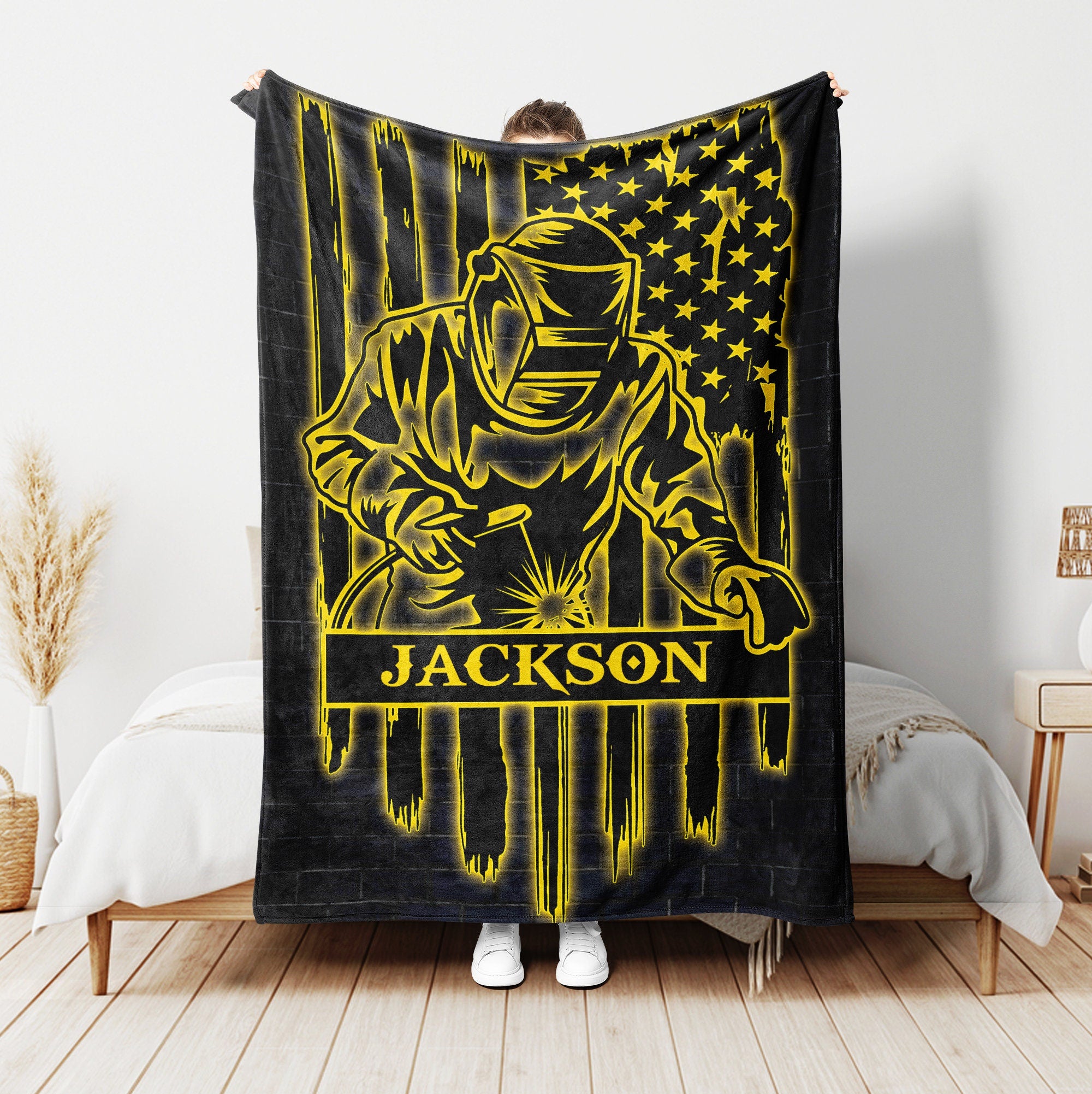 Petmytshirt Welder Blanket US Flag Blanket Custom Name Gift For Dad Husband Boyfriend Son