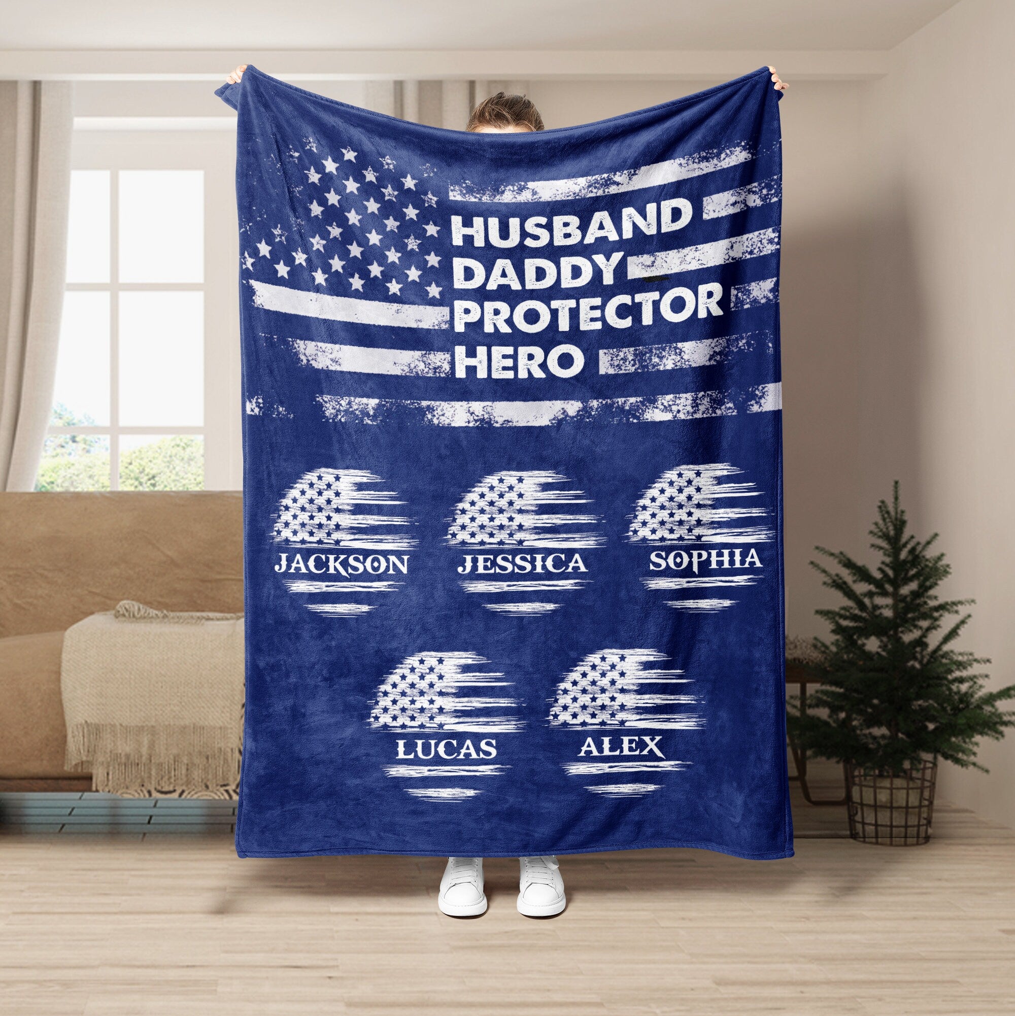 Petmytshirt Dad Blanket Patriotic Dad US Flag Blanket Custom Name Soft Cozy Sherpa Fleece Throw Blankets