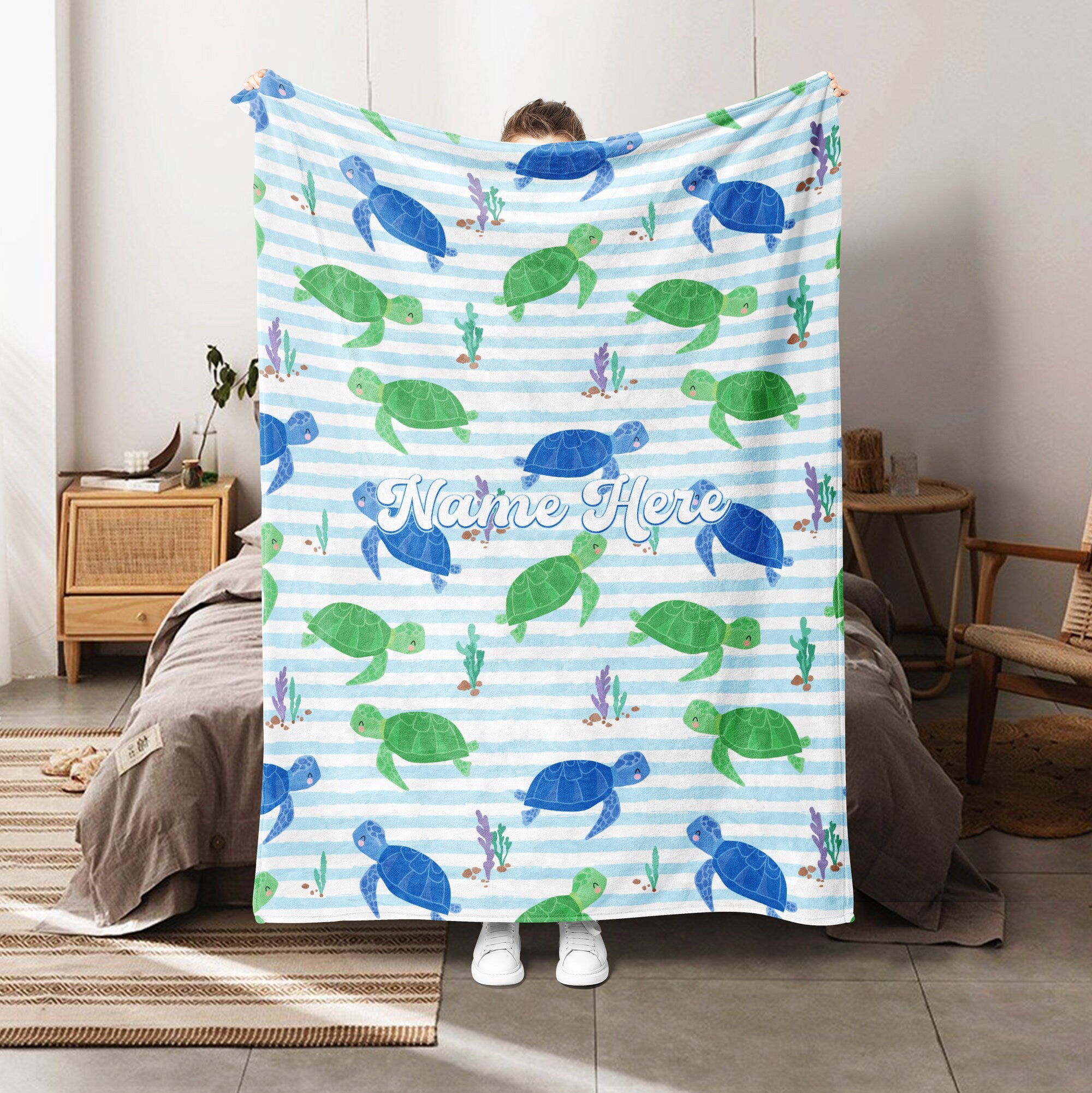 Petmytshirt Turtle Blanket Sea Turtle Blanket Custom Name Gift for Turtle Lover Kid