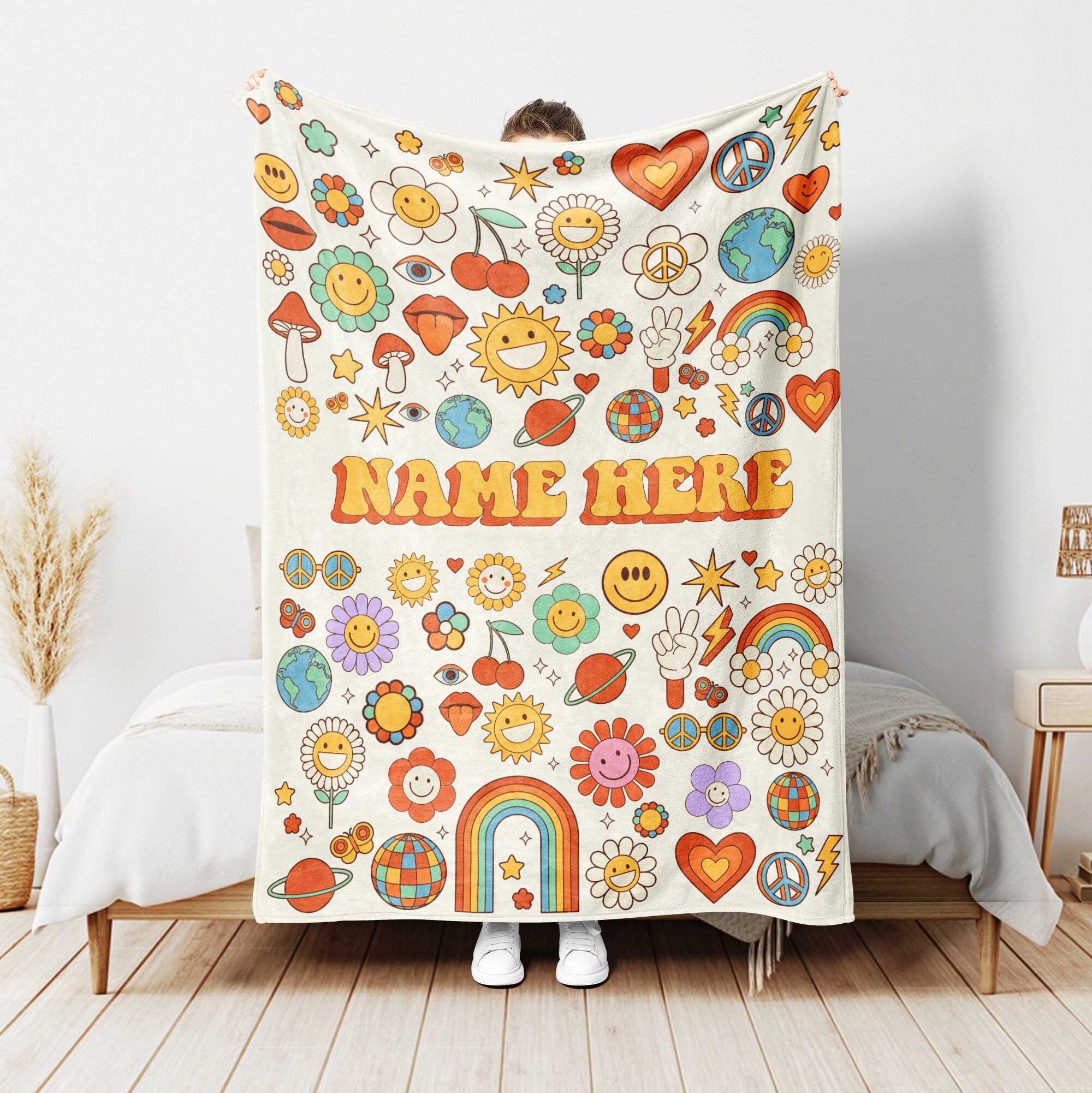 Petmytshirt Hippie Blanket Groovy Flower Blanket Custom Name 70s Retro Style Gift