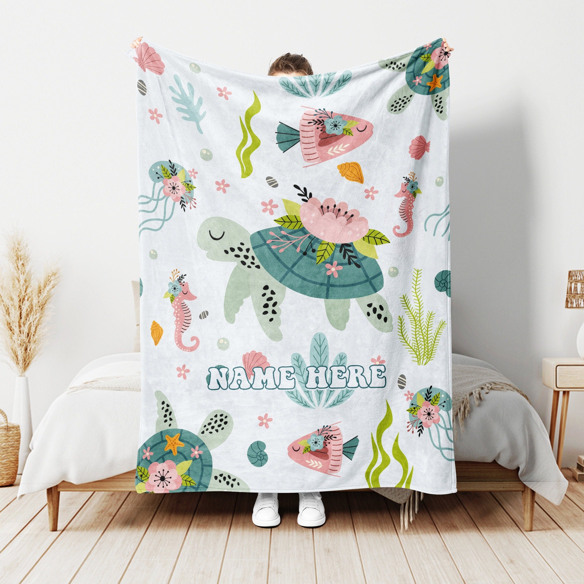 Petmytshirt Turtle Blanket Sea Turtle And Flower Blanket Custom Name Gift for Turtle Lover