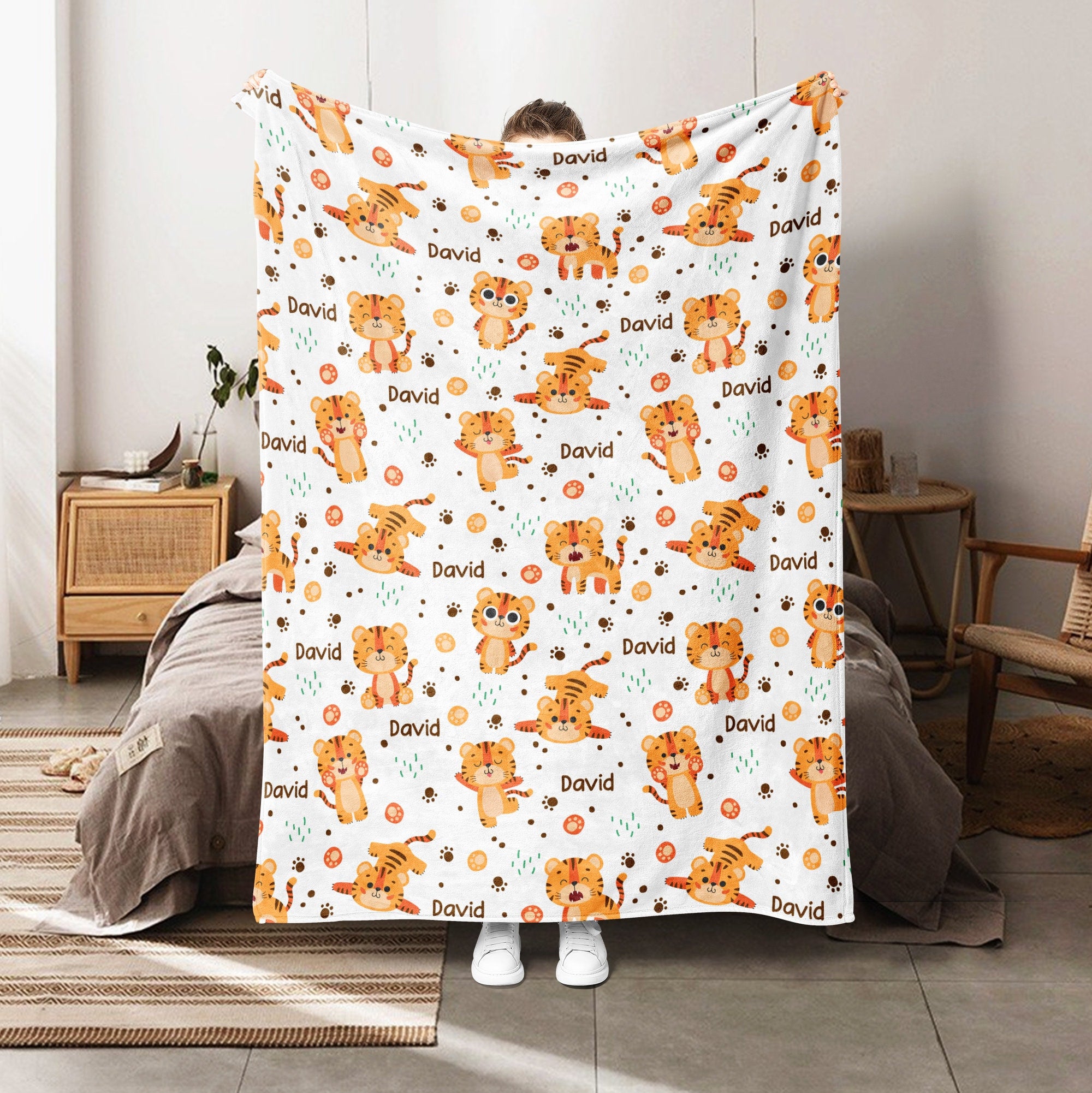 Petmytshirt Tiger Blanket Cute Tiger Blanket Custom Name Gift for Tiger Lover Son Daughter Kid