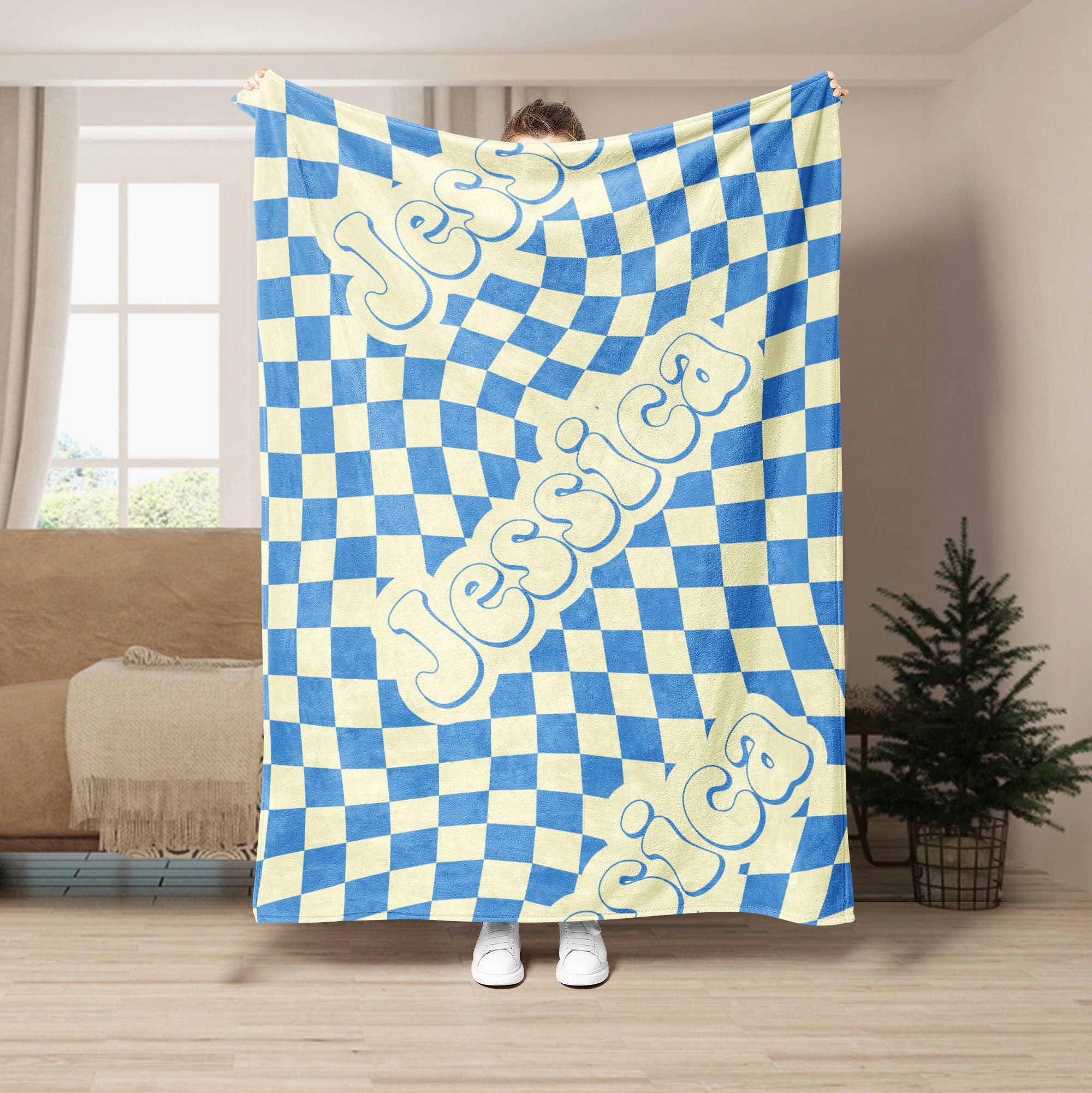 Petmytshirt Checkered Groovy Blanket Retro Groovy Wavy Pattern Custom Name Blanket Birtthday Gift
