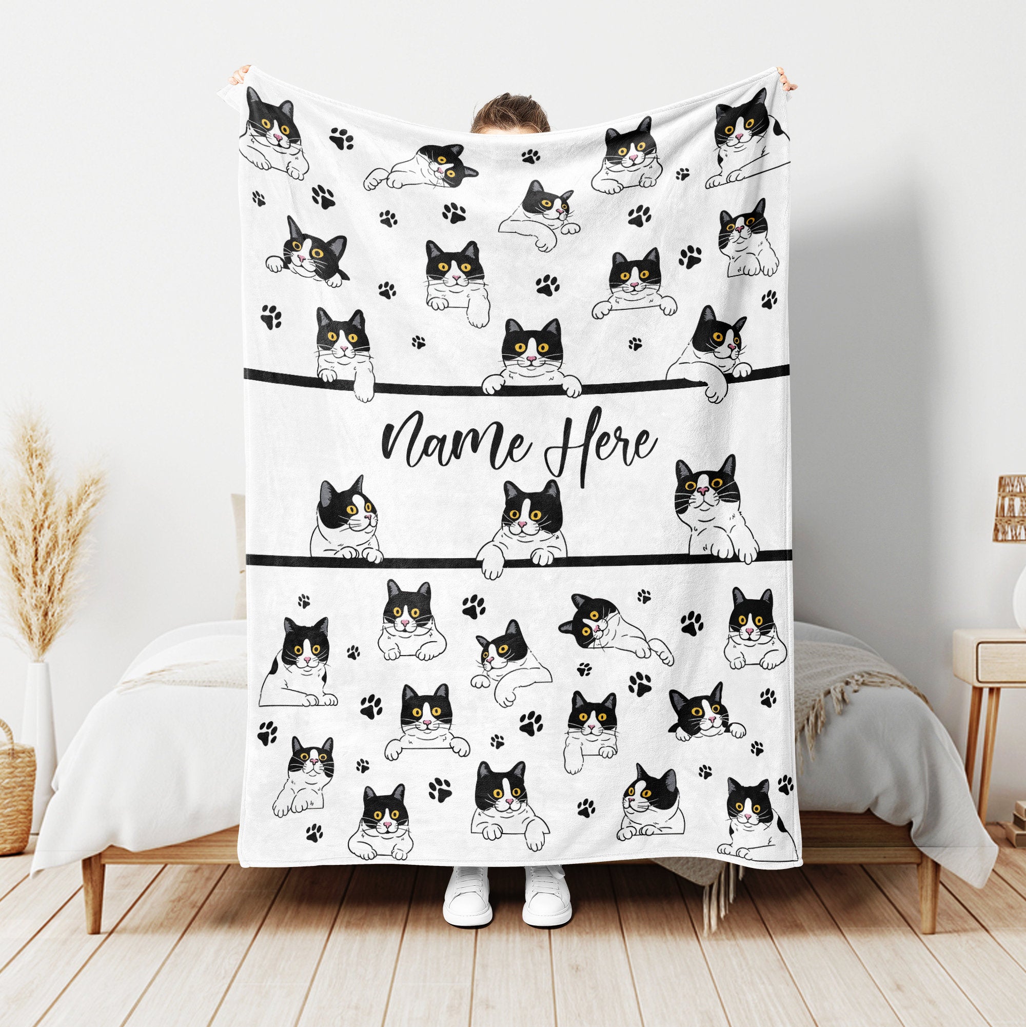 Petmytshirt Tuxedo Cat Blanket Cute Cat Blanket Custom Name Soft Cozy Sherpa Fleece Throw Blankets