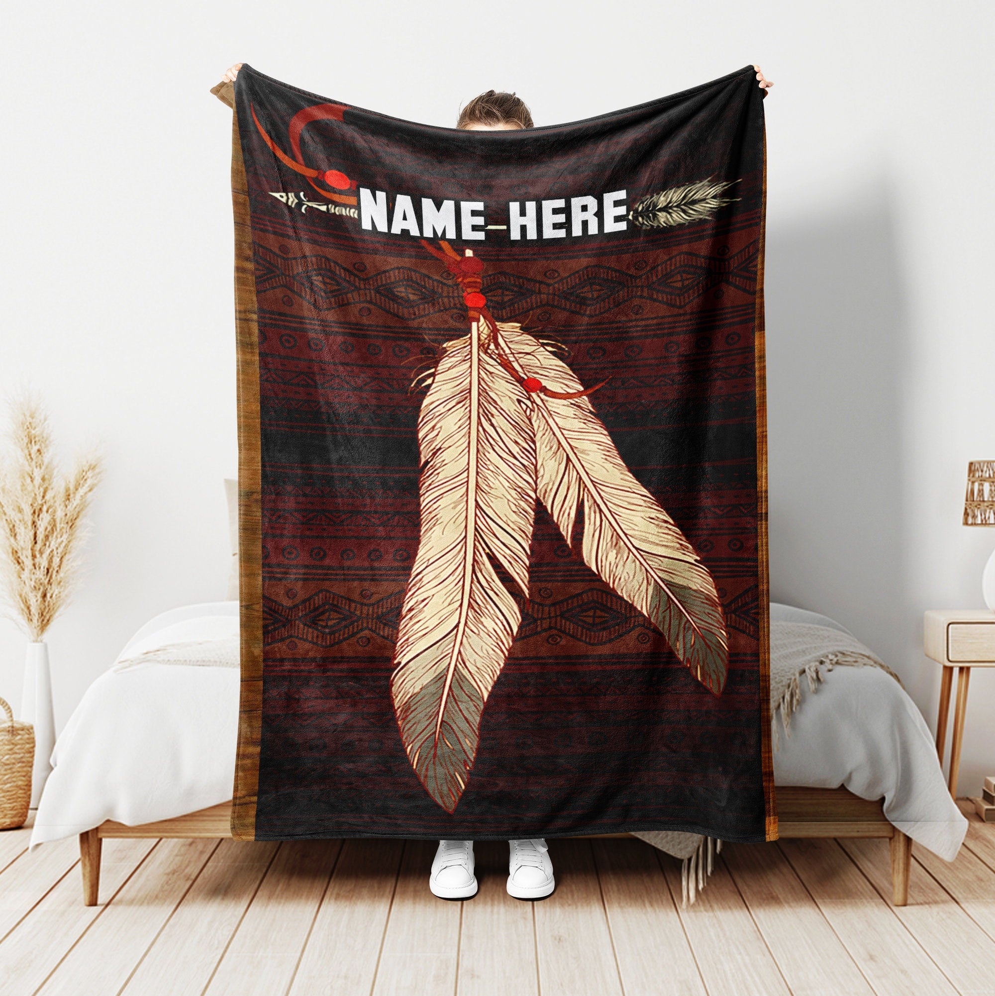 Petmytshirt Native American Blanket Native Feather Boho Blanket Custom Name Native Gift