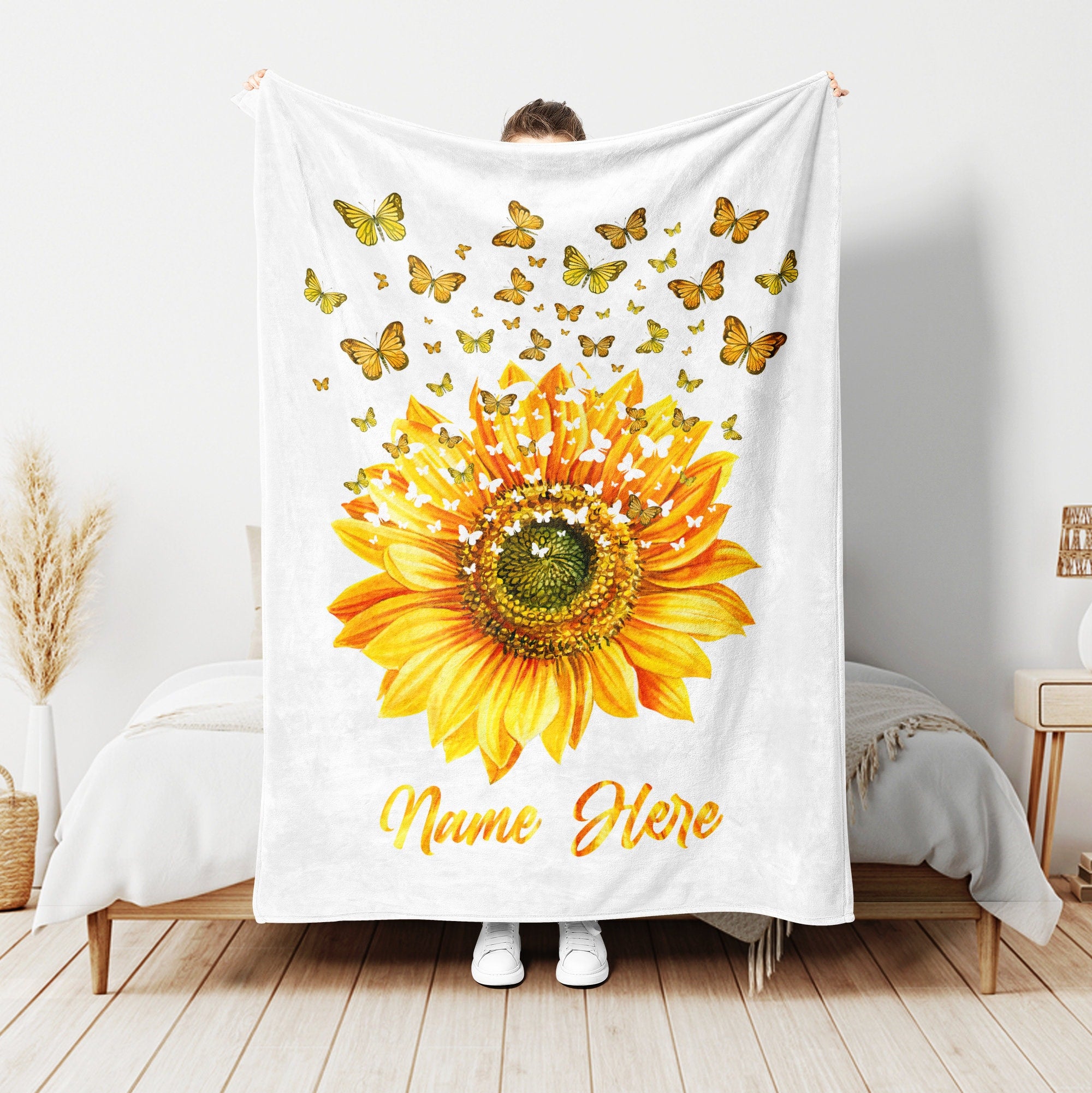 Petmytshirt Sunflower Blanket Sunflower And Butterfly Blanket Custom Name Gift for Mom Daughter