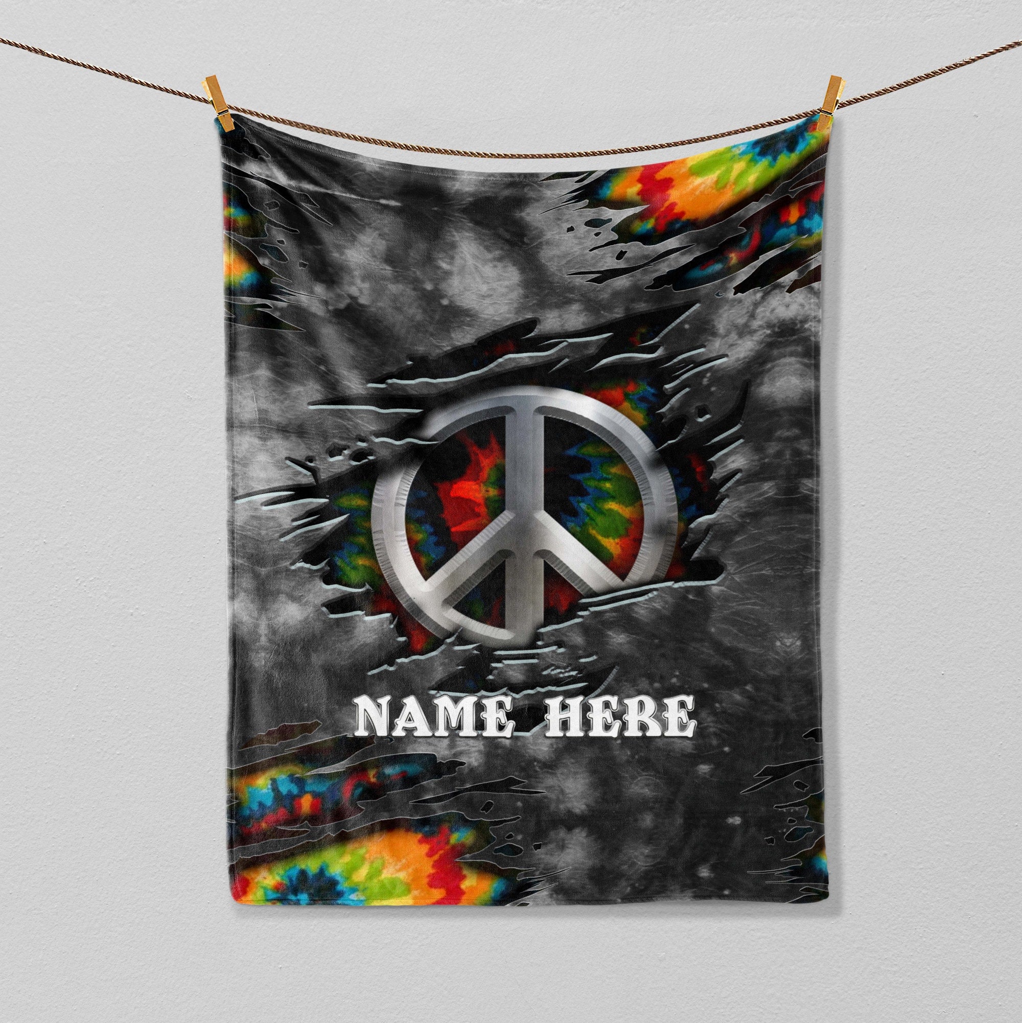 Petmytshirt Hippie Blanket Peace Sign Tie Dye Blanket Custom Name Gift for Hippies