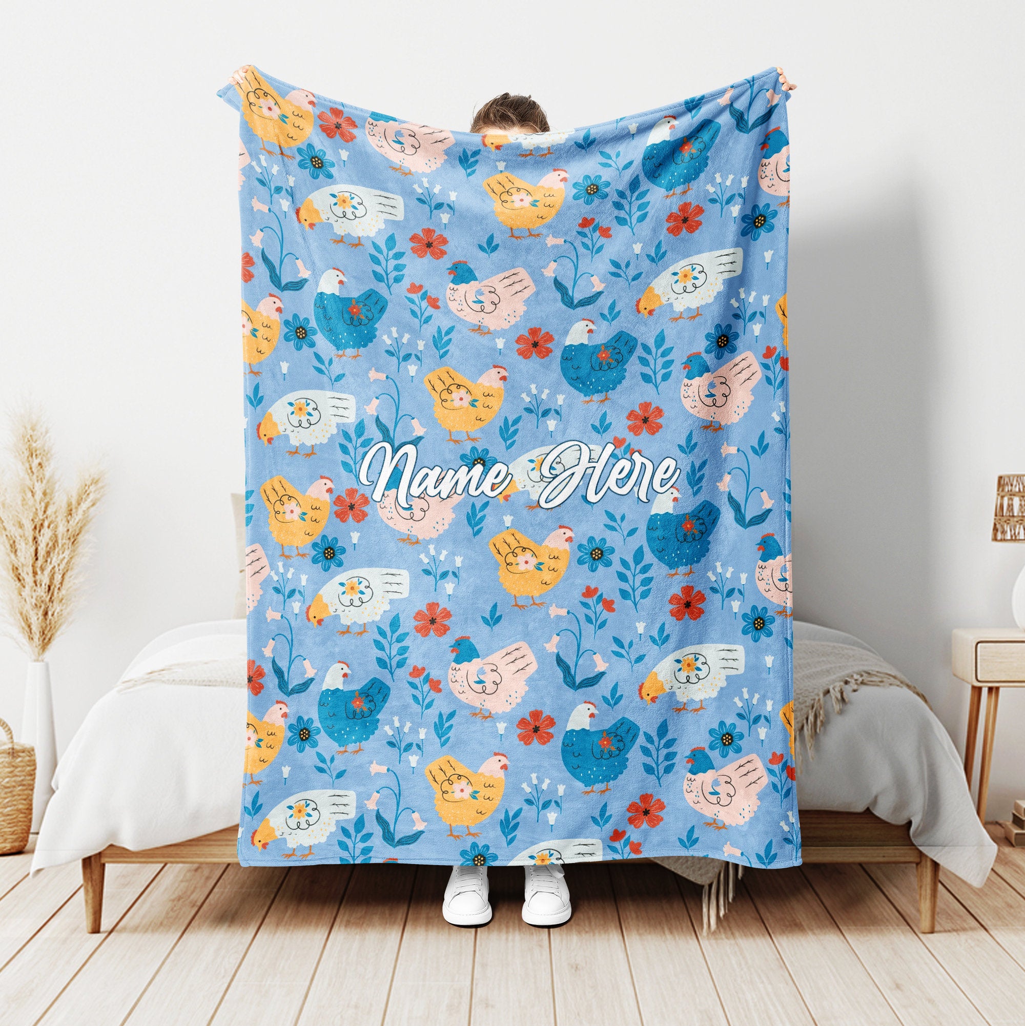 Petmytshirt Chicken Blanket Chicken And Flower Blanket Custom Name Gift for Mom Daughter Farmer