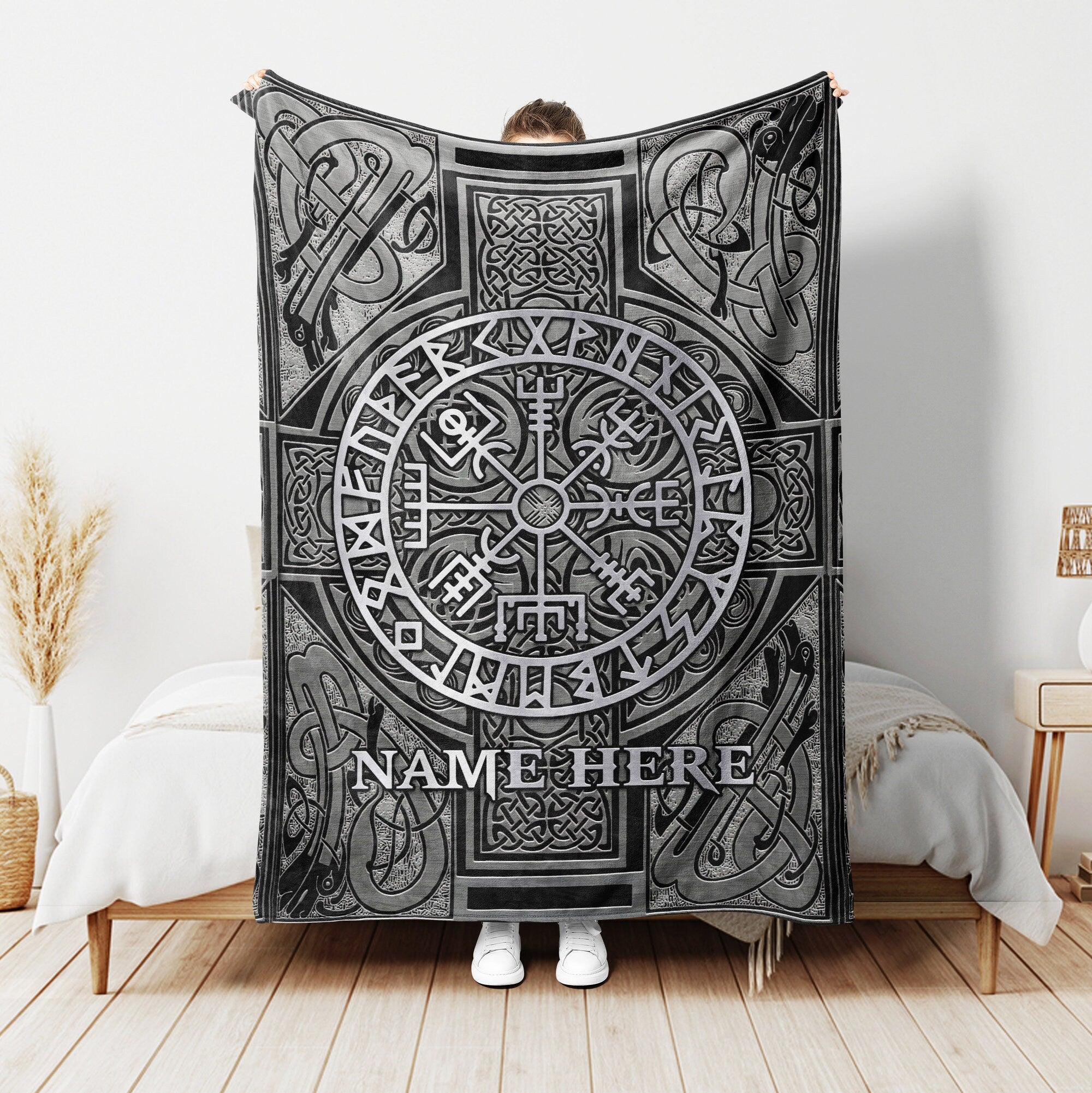 Petmytshirt Viking Blanket Viking Vegvisir Blanket Custom Name Gift for Dad Husband Son