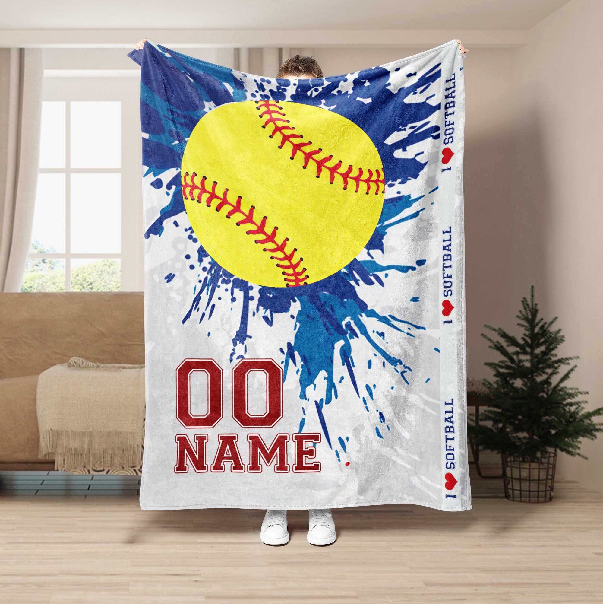 Petmytshirt Softball Blanket Softball Ball Watercolor Custom Gift for Mom Daughter Girl Kid