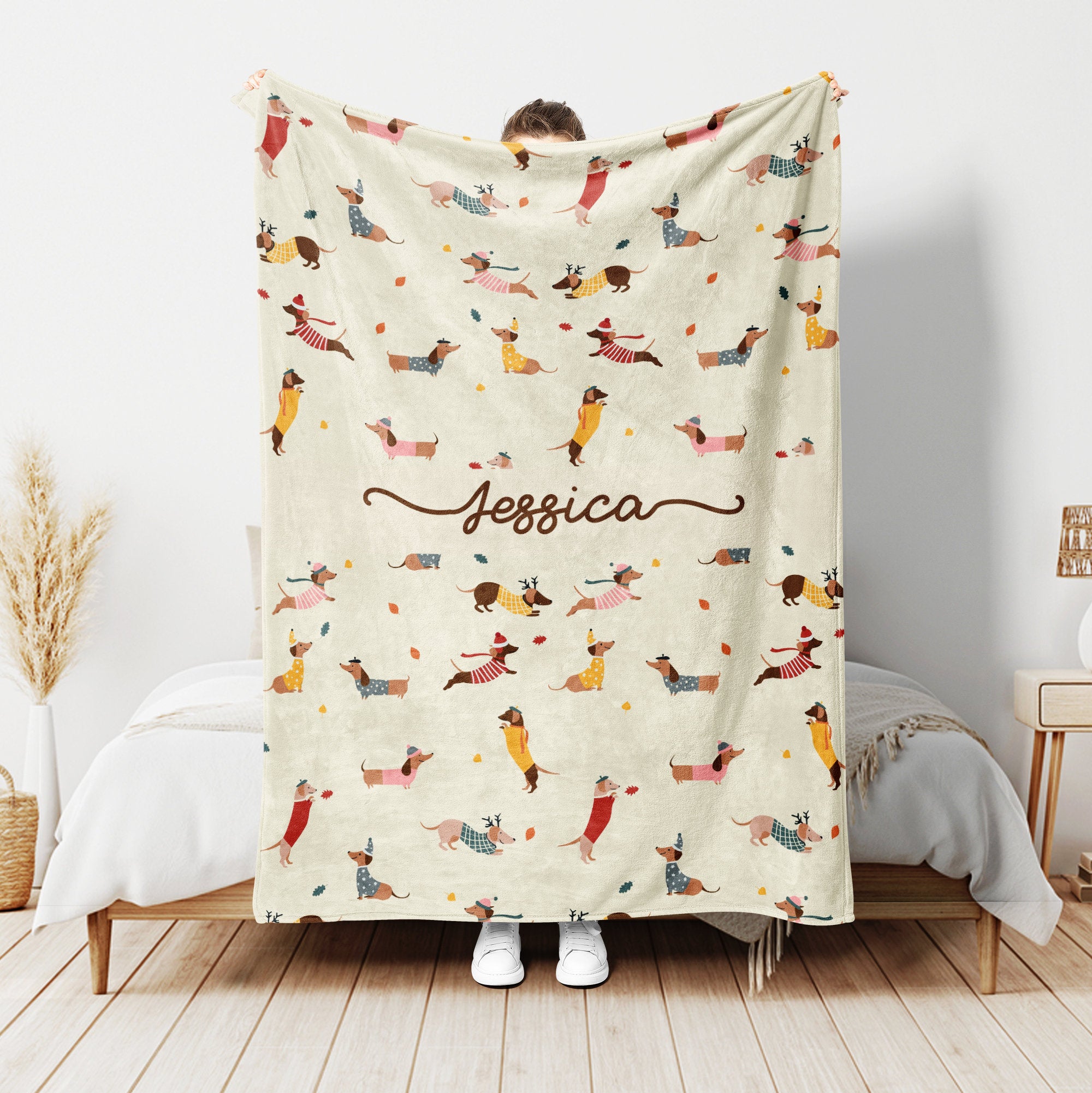 Petmytshirt Dachshund Blanket Doxie Fall Blanket Custom Name Gift for Dog Lover Dog Mom Dog Dad