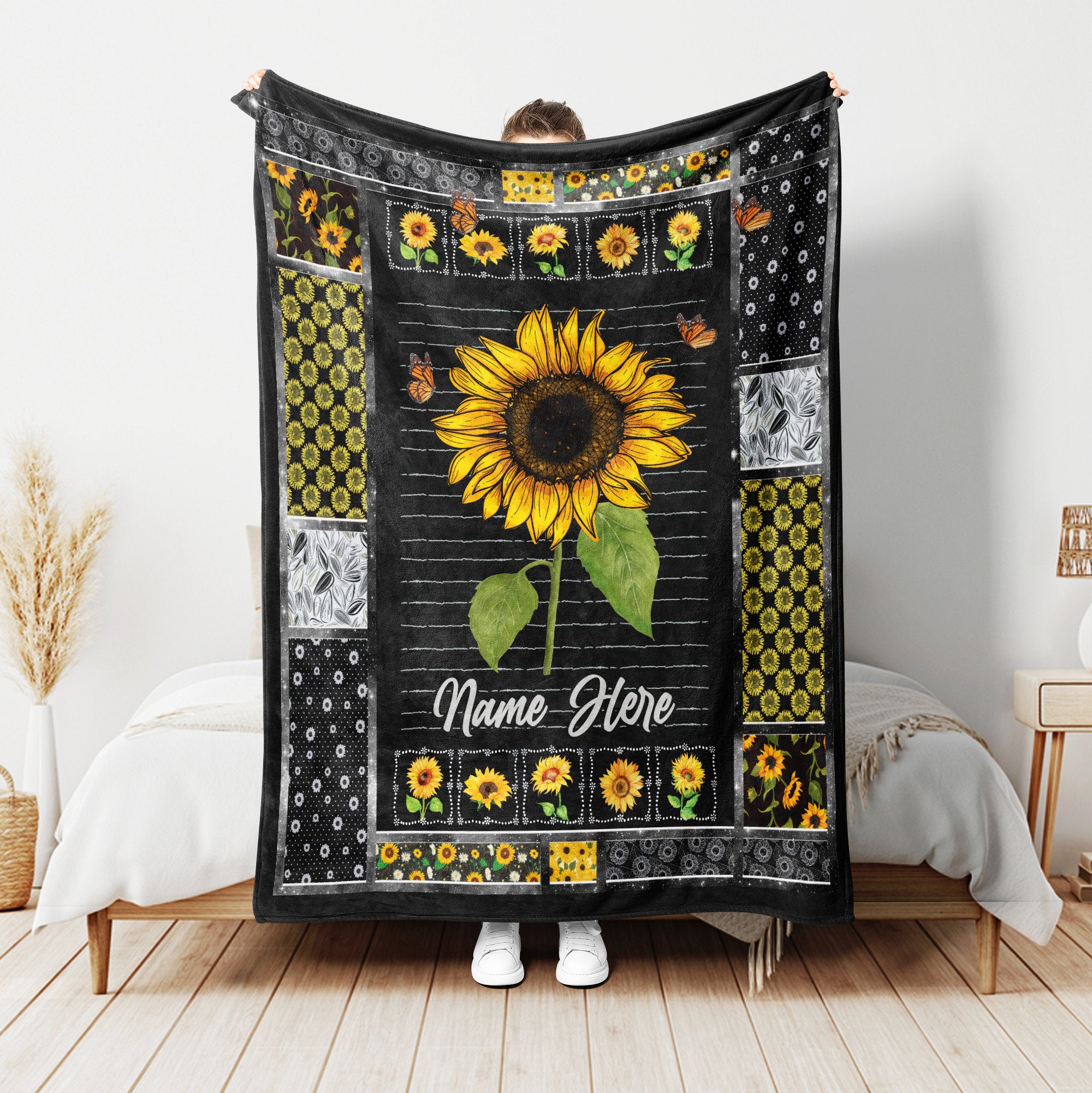 Petmytshirt Sunflower Blanket Custom Name Gift for Sunflower Lover Grandma Mom Wife Daughter