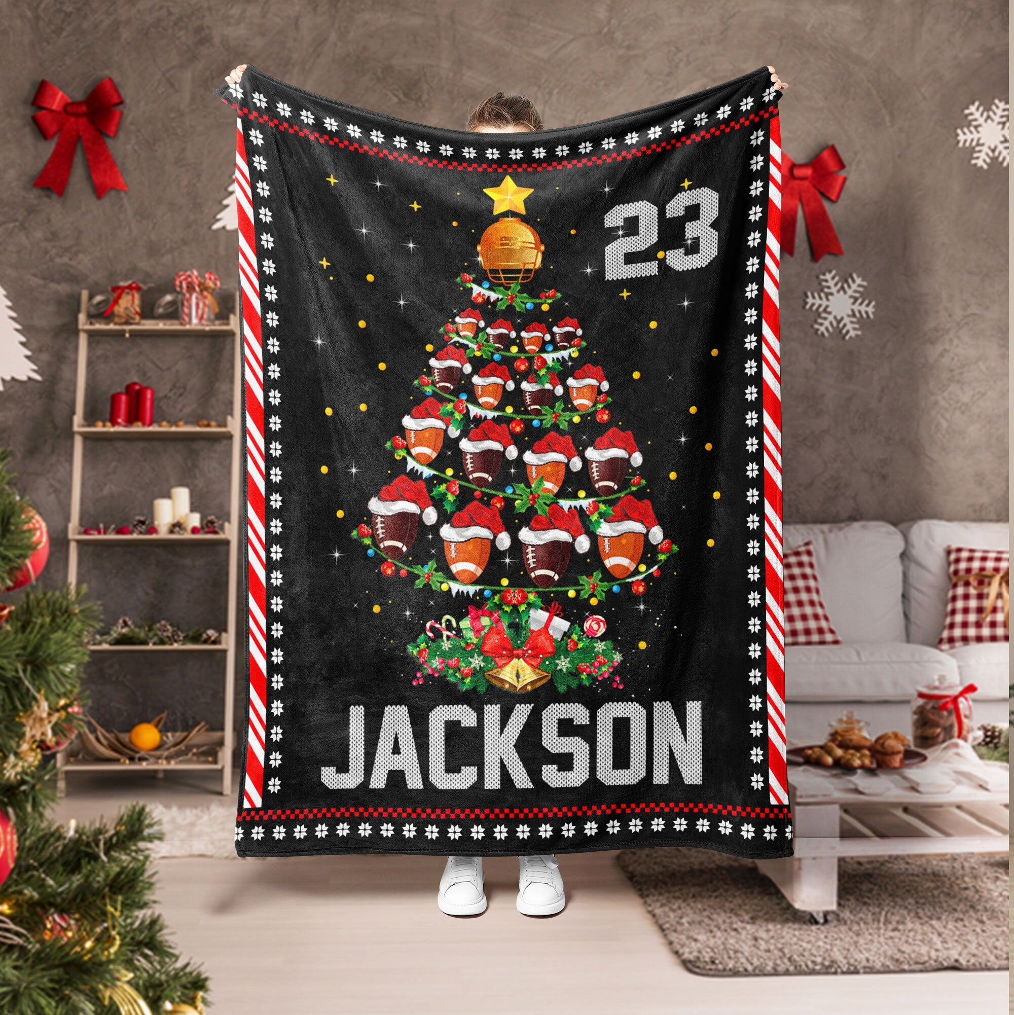 Petmytshirt Football Blanket Christmas Football Tree Custom Christmas Gift for Dad Son Kid Team