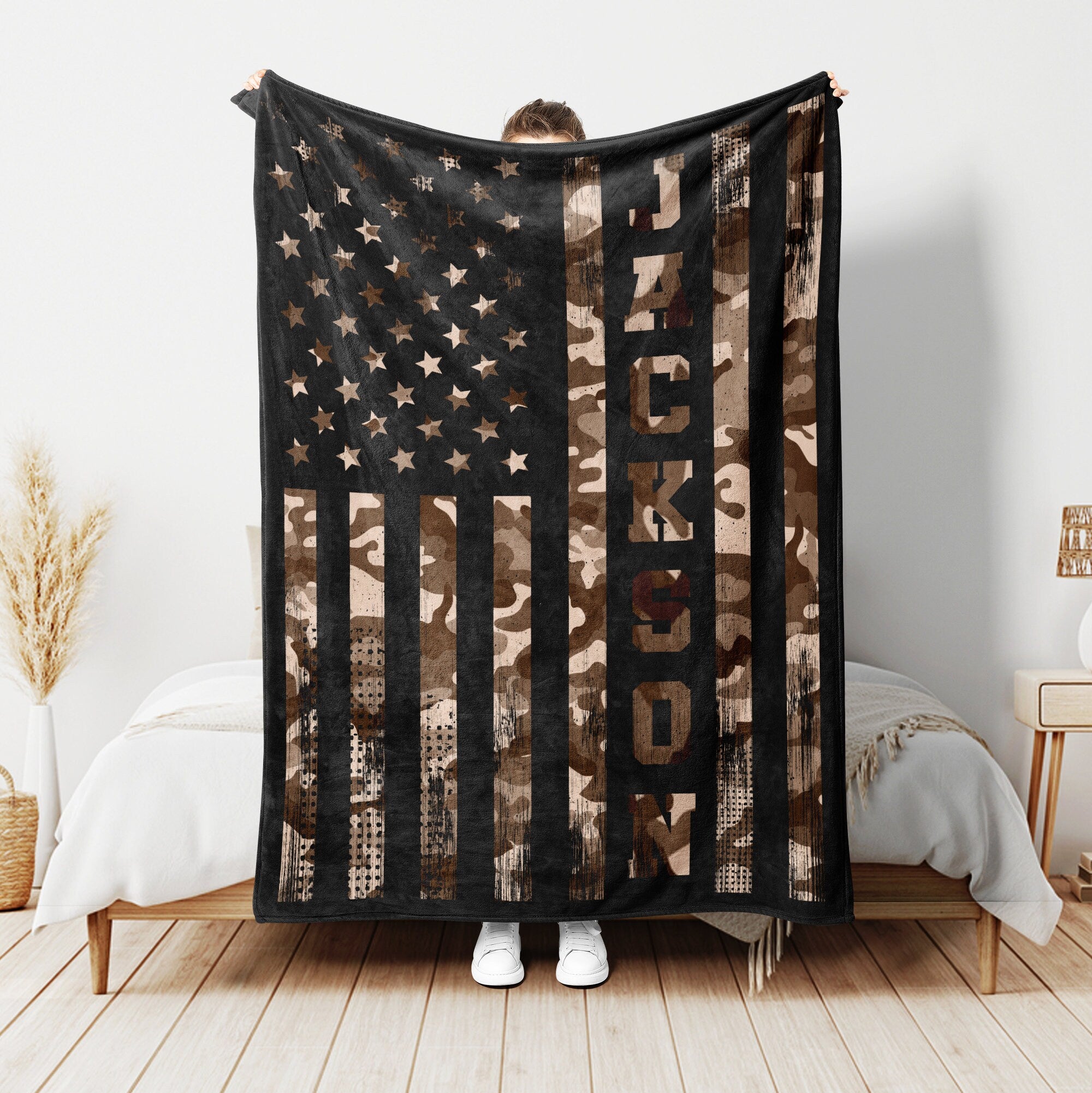 Petmytshirt US Flag Camo Blanket Military Blanket Custom Name Soft Sherpa Fleece Throw Blankets Gift For Dad Husband Son Veteran