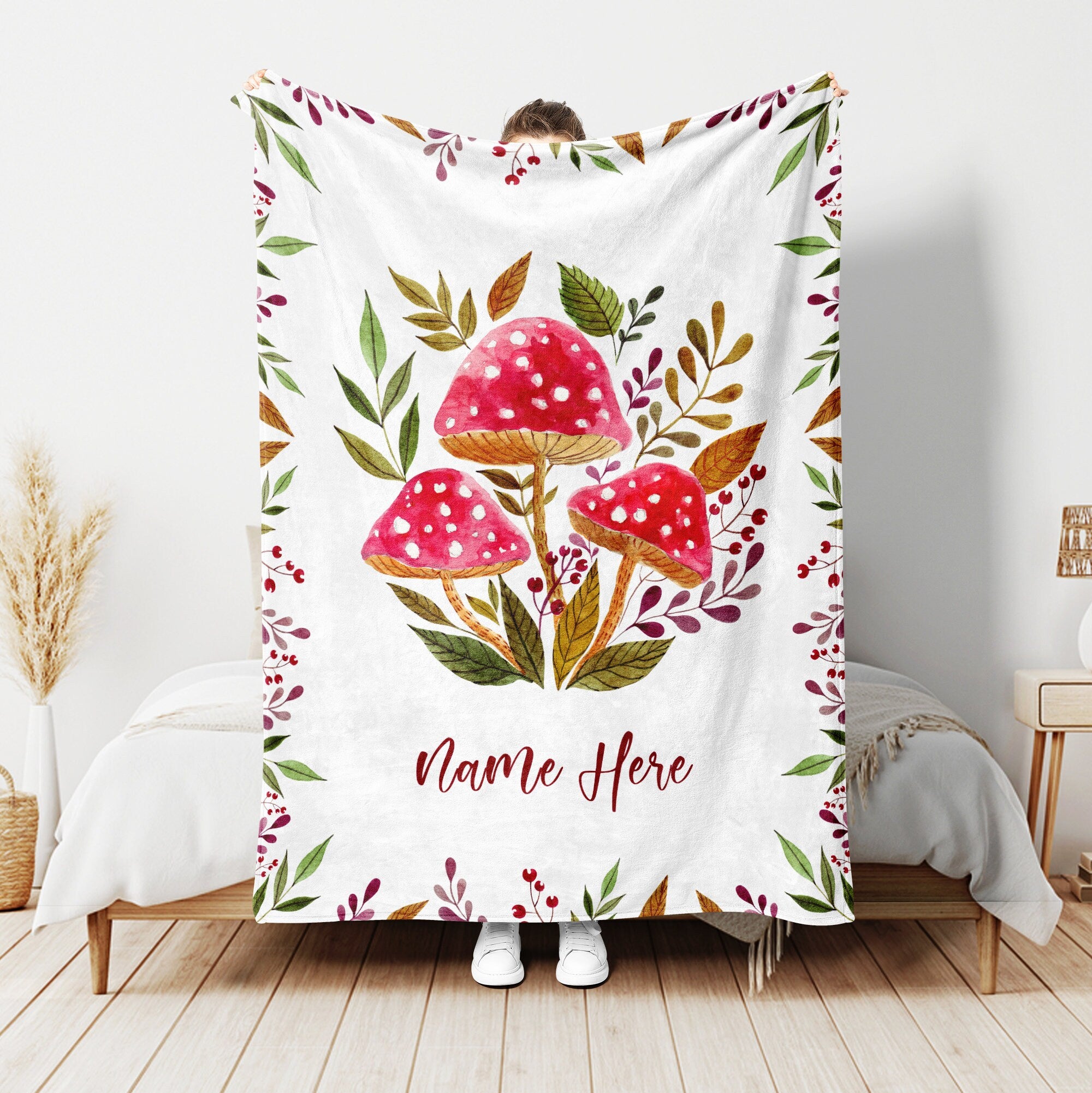 Petmytshirt Mushroom Blanket Watercolor Fungi Blanket Custom Name Gift For Mushroom Lover