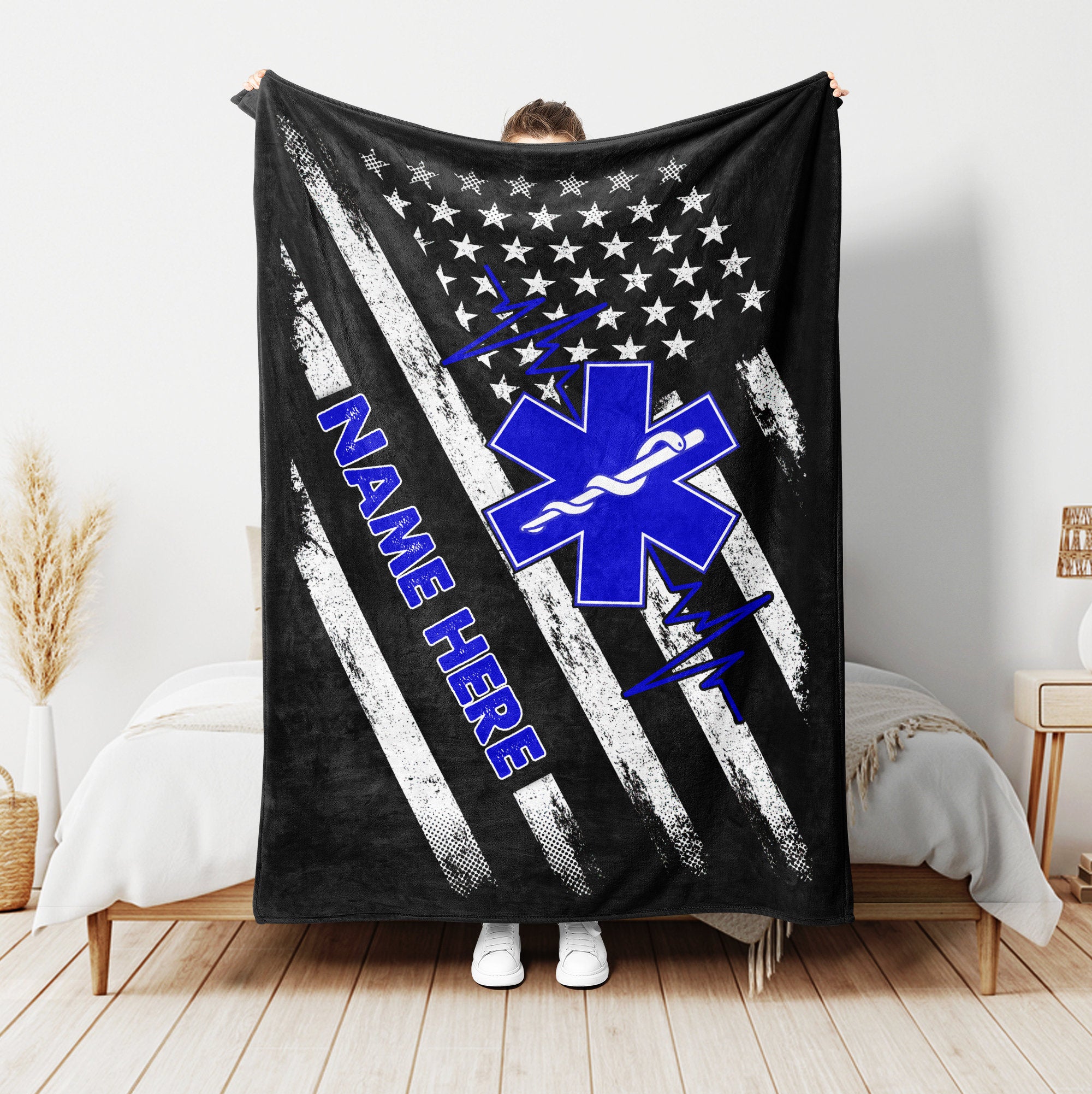 Petmytshirt EMT Blanket US Flag Blanket Custom Name Paramedic Gift