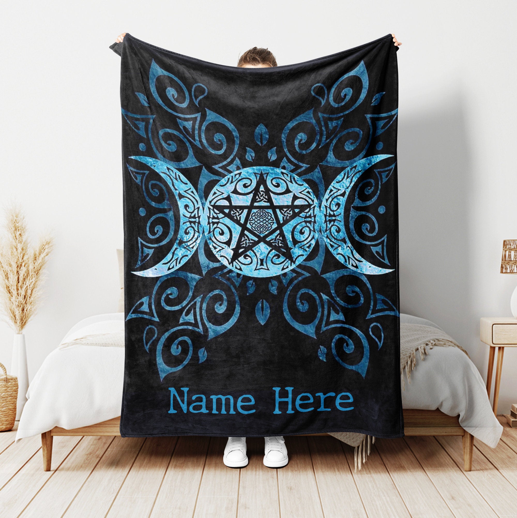 Petmytshirt Witch Blanket Wicca Triple Moon Night Blanket Custom Name Witchy Gift