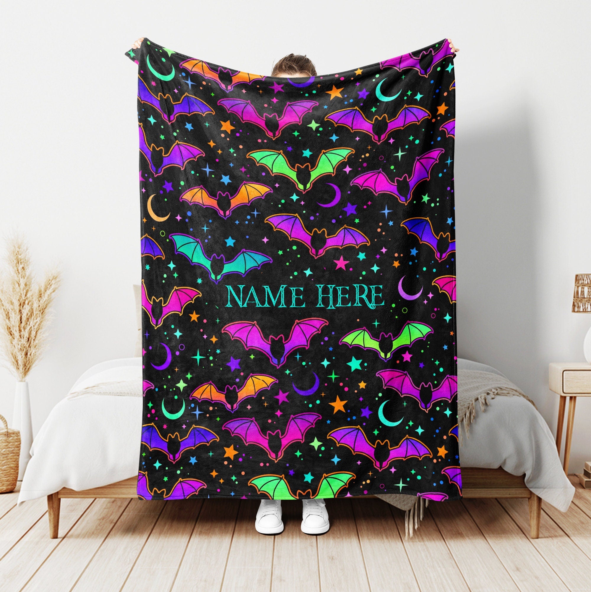 Petmytshirt Bat Blanket Halloween Bats Multicolored Blanket Custom Name Halloween Gifts