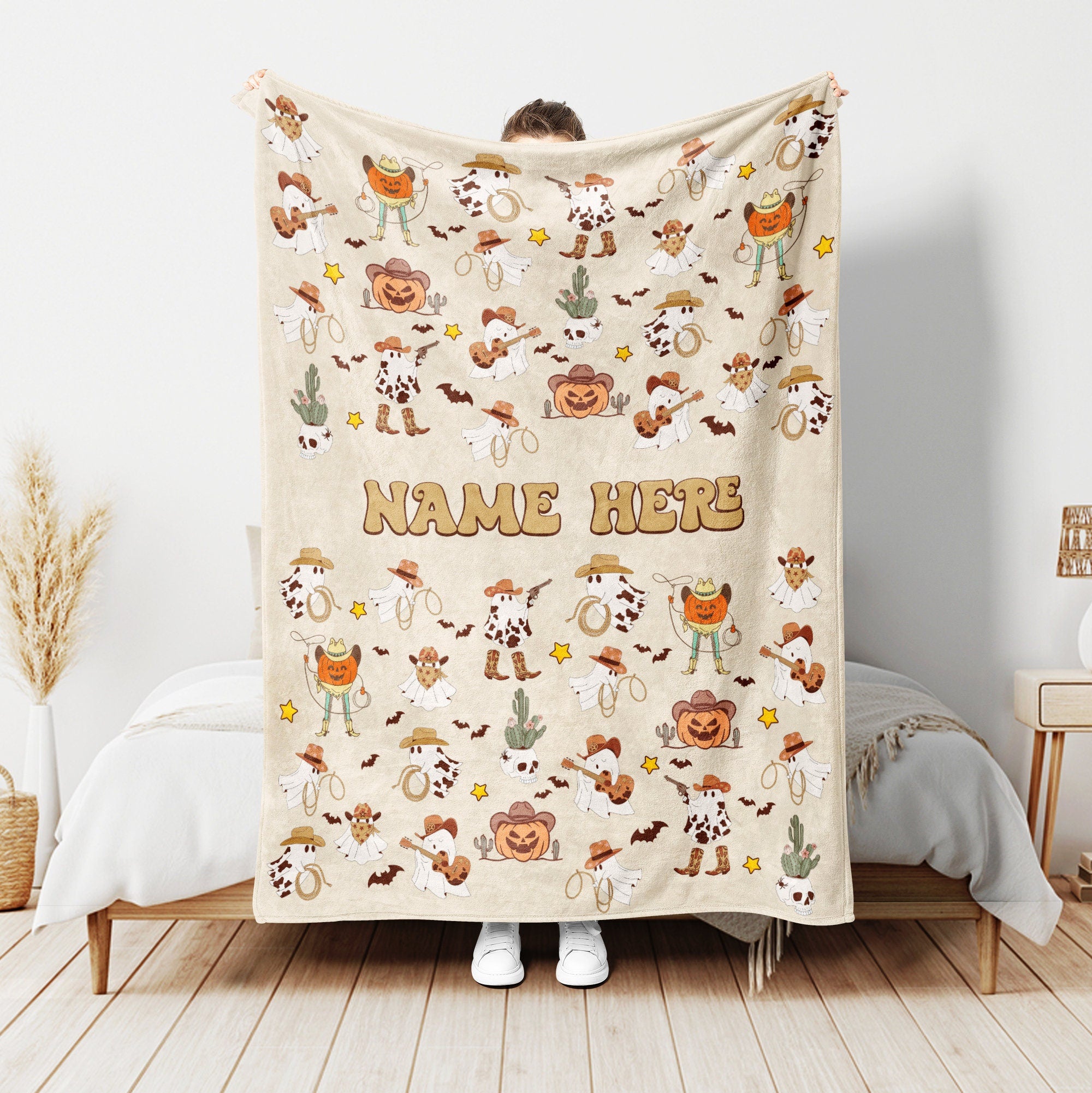 Petmytshirt Western Halloween Blanket Cowboy Ghost Retro Blanket Custom Name Soft Cozy Sherpa Fleece Throw Blanket Halloween Gift