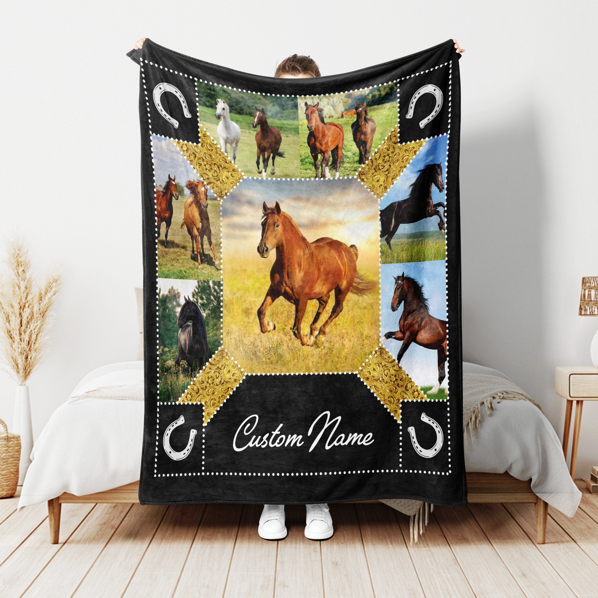 Petmytshirt Horse Blanket Horses Patchwork Pattern Blanket Custom Name Gift for Horse Lover