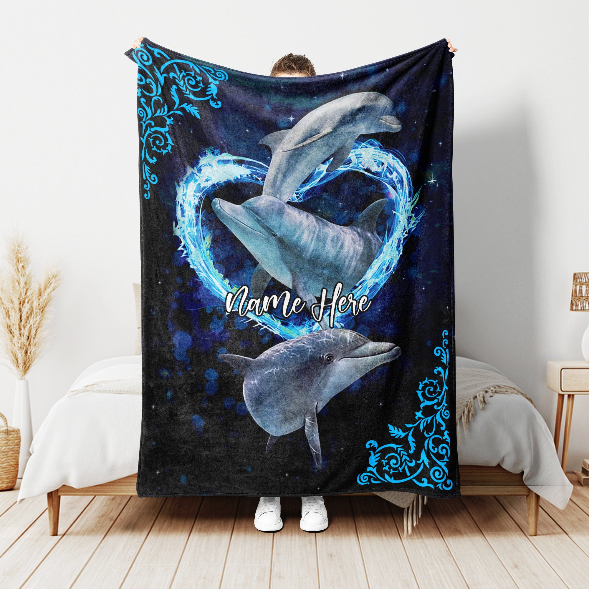 Petmytshirt Dolphin Blanket Dolphin And Flower Blanket Custom Name Gift For Dolphin Lover