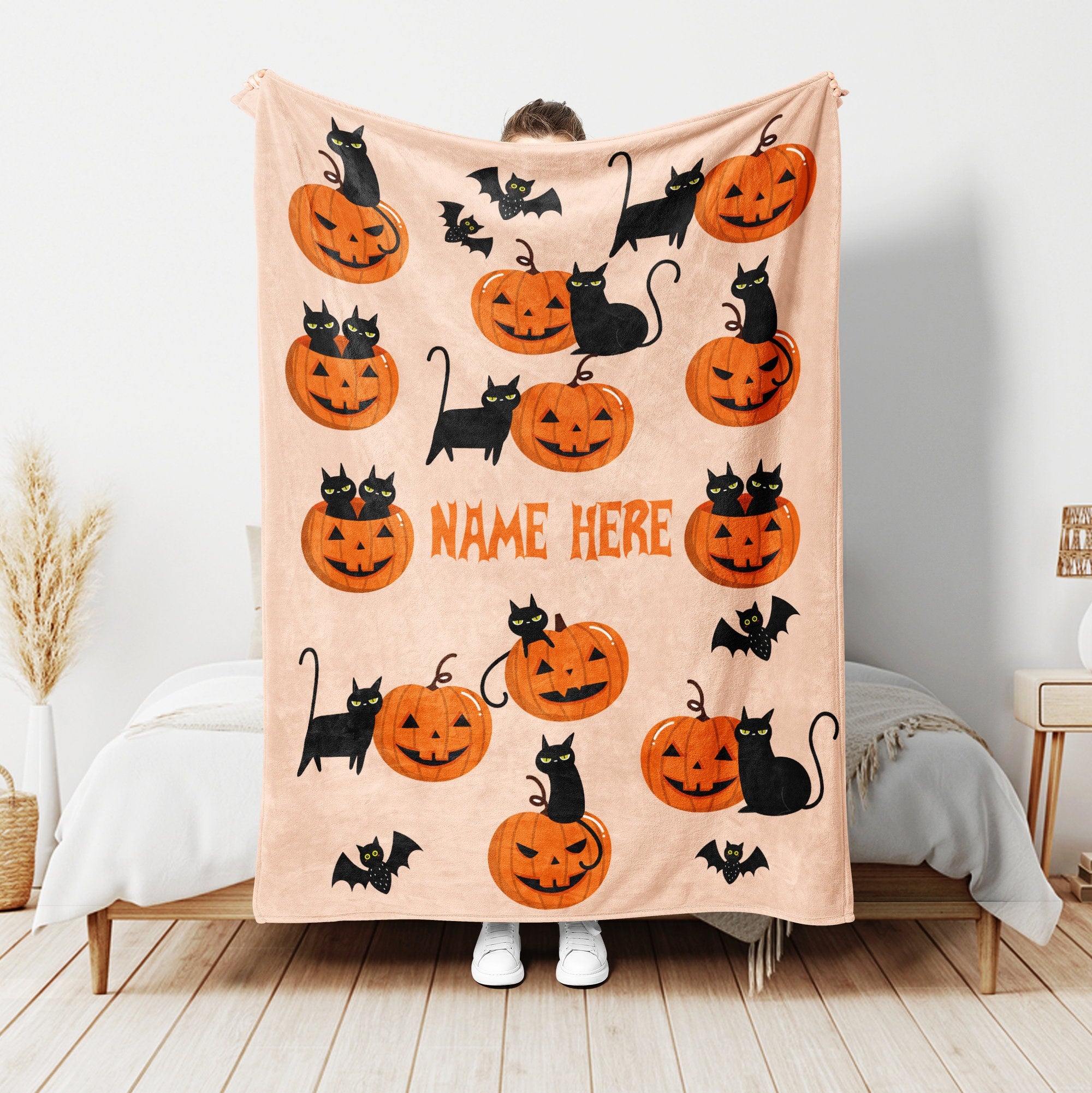 Petmytshirt Black Cat Pumpkin Blanket Custom Name Soft Cozy Sherpa Fleece Throw Blanket Halloween Gift for Cat Mom Cat Dad Cat Lover