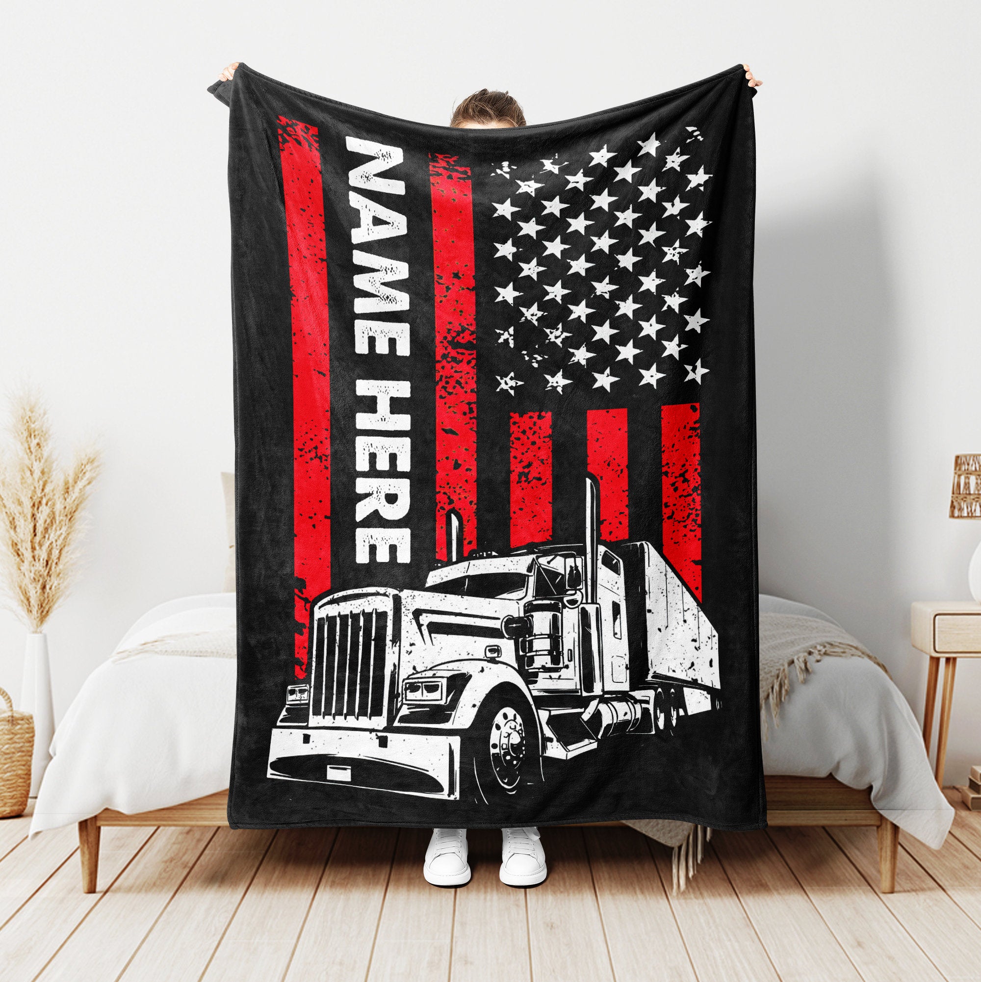 Petmytshirt Truck Blanket Trucker US Flag Blanket Custom Name Gift For Truck Driver Dad Husband